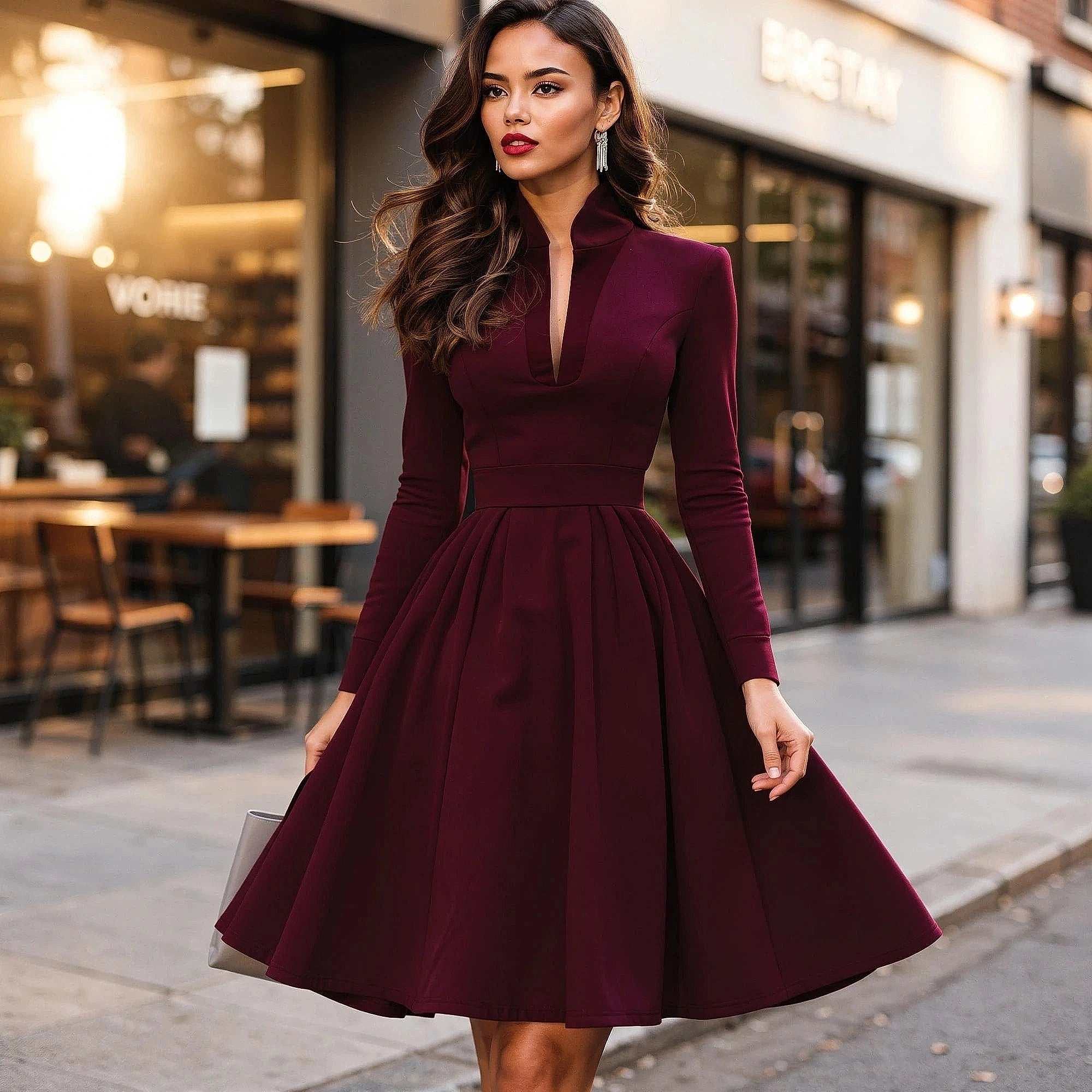 View of a sophisticated women's midi dress in deep burgundy, featuring a flattering V neckline and flowing silhouette