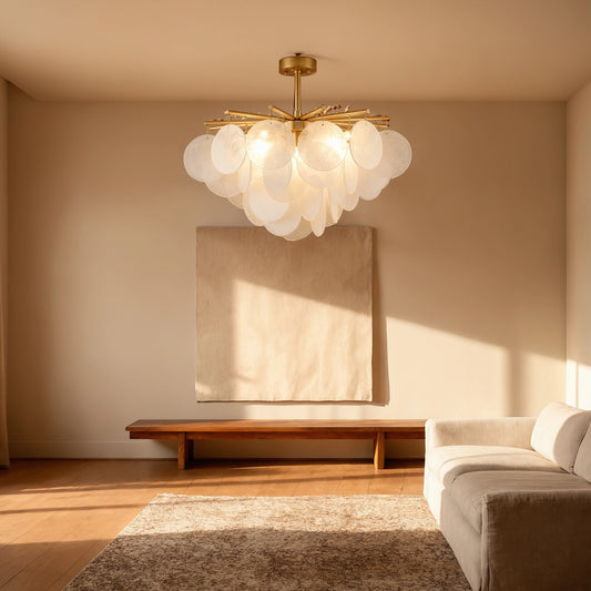 Back view of the Layered Glass Chandelier showing its intricate construction details and modern design, perfect for enhancing contemporary dining spaces.