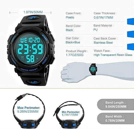 View of a durable men's sports watch featuring a black silicone strap, stainless steel case, and multiple function buttons