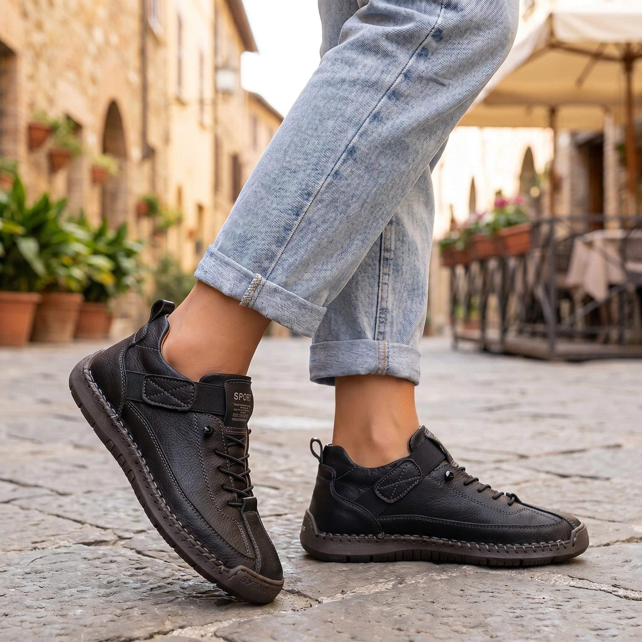 Back view of a model wearing orthopedic sneakers in a soft gray color, showing the intricate stitching and supportive design against a neutral backdrop.
