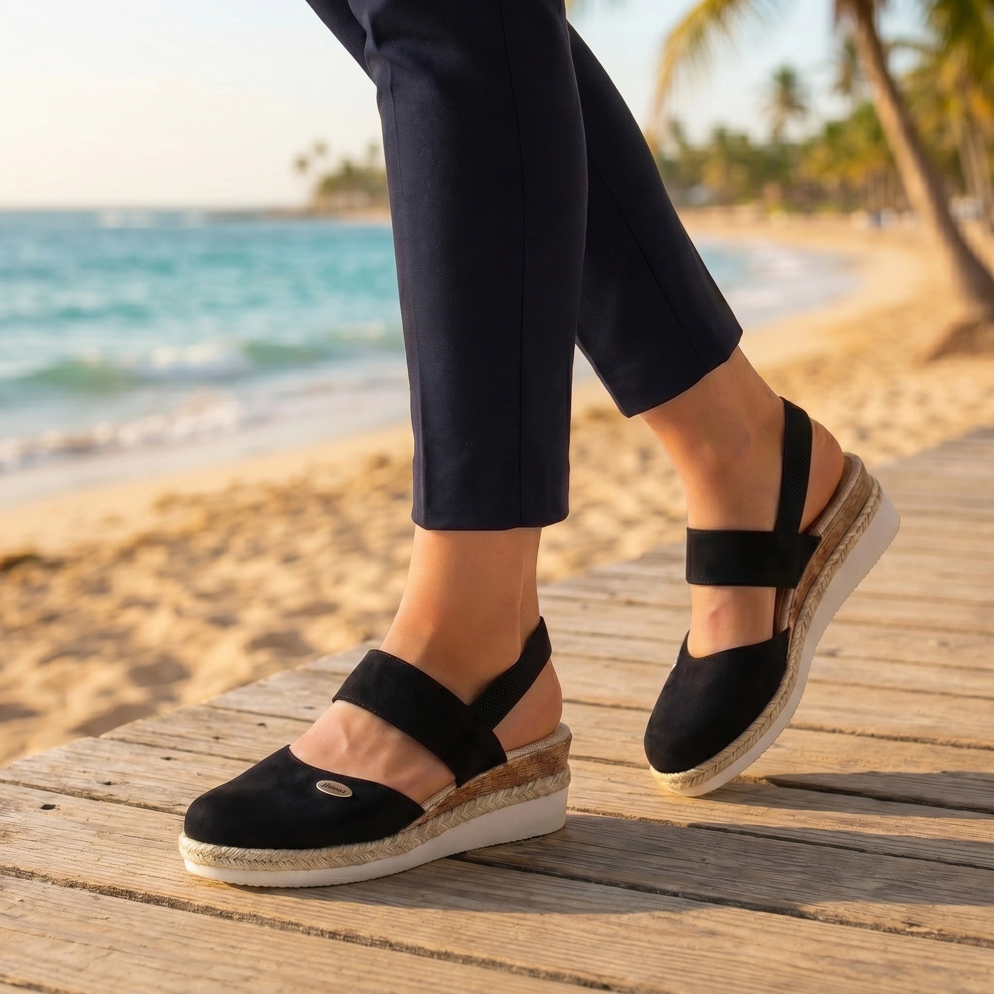Close up view showing the soft fabric and precise stitching of the womens comfortable summer sandals in a neutral tone, set against a light background.