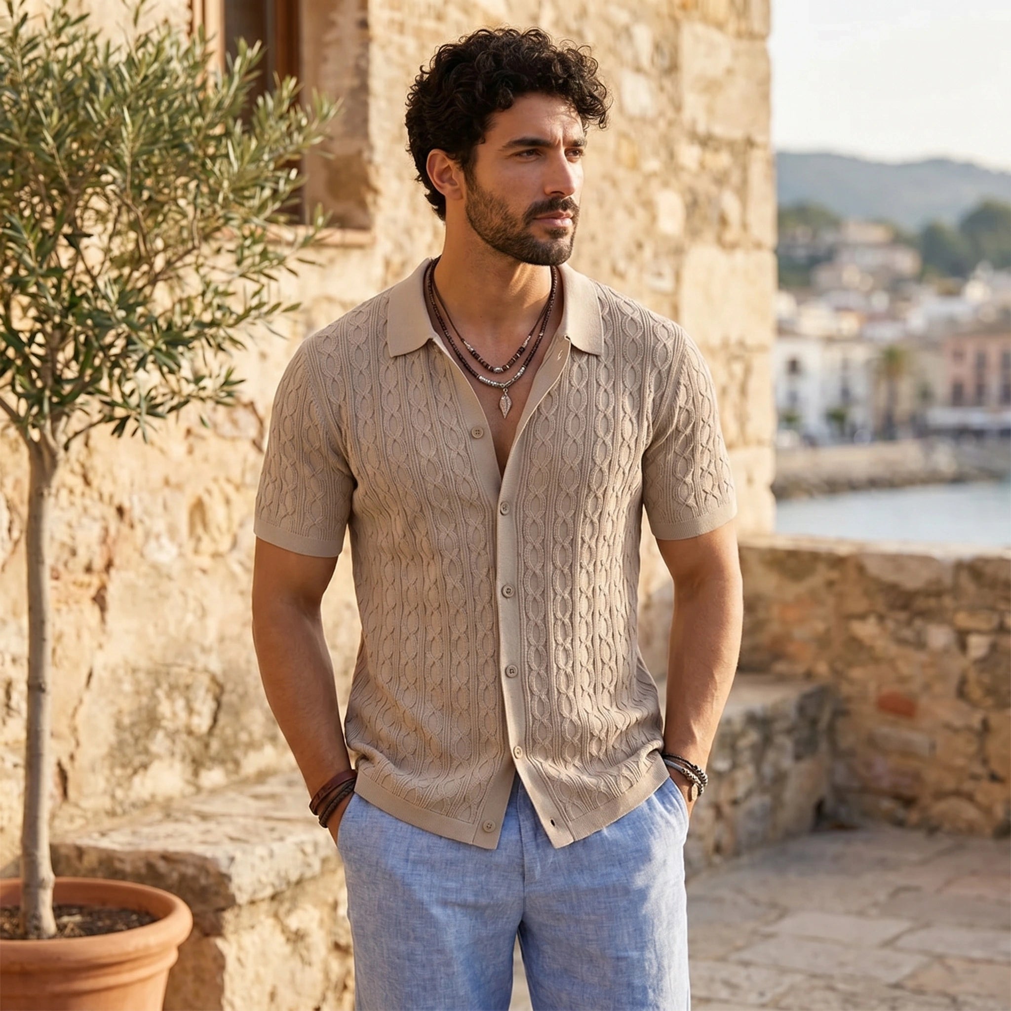 Close up view of the mens textured lightweight casual shirt showing intricate stitching and fabric , ideal for both business and daily wear.
