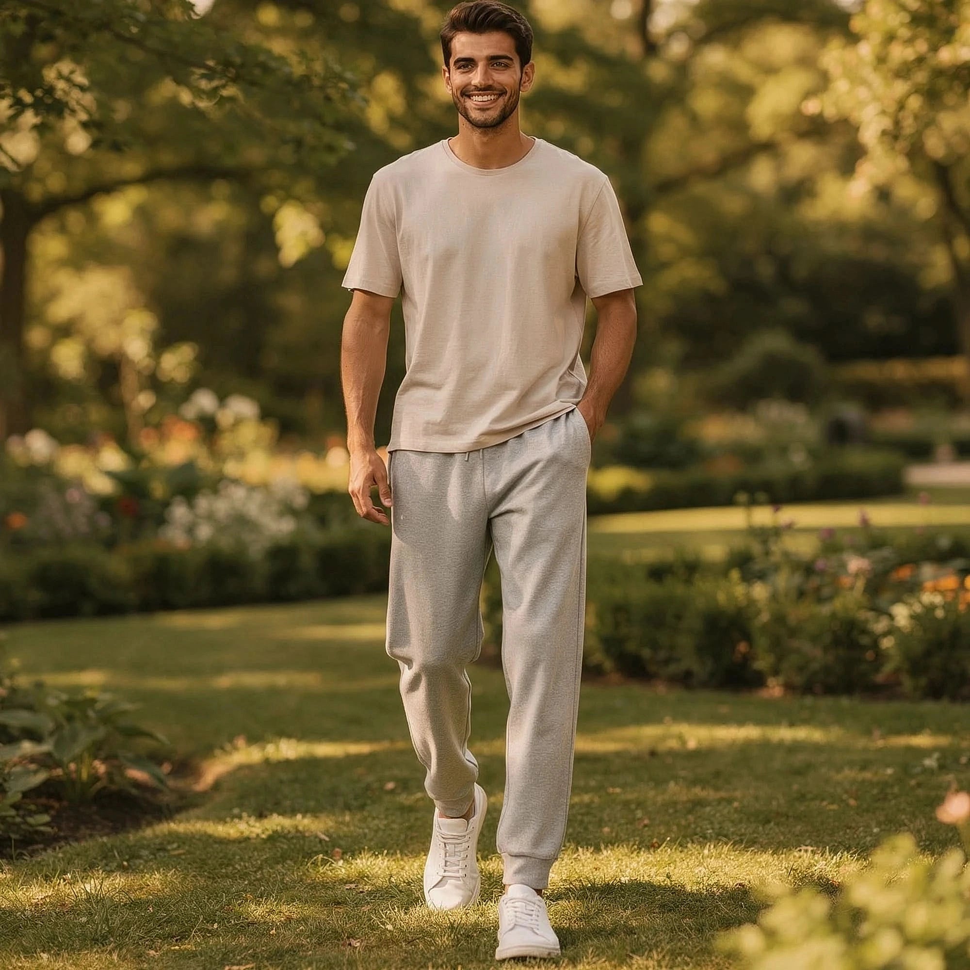 Light gray relaxed spring casual pants with a comfortable fit, shown in a view, featuring pockets and a soft fabric