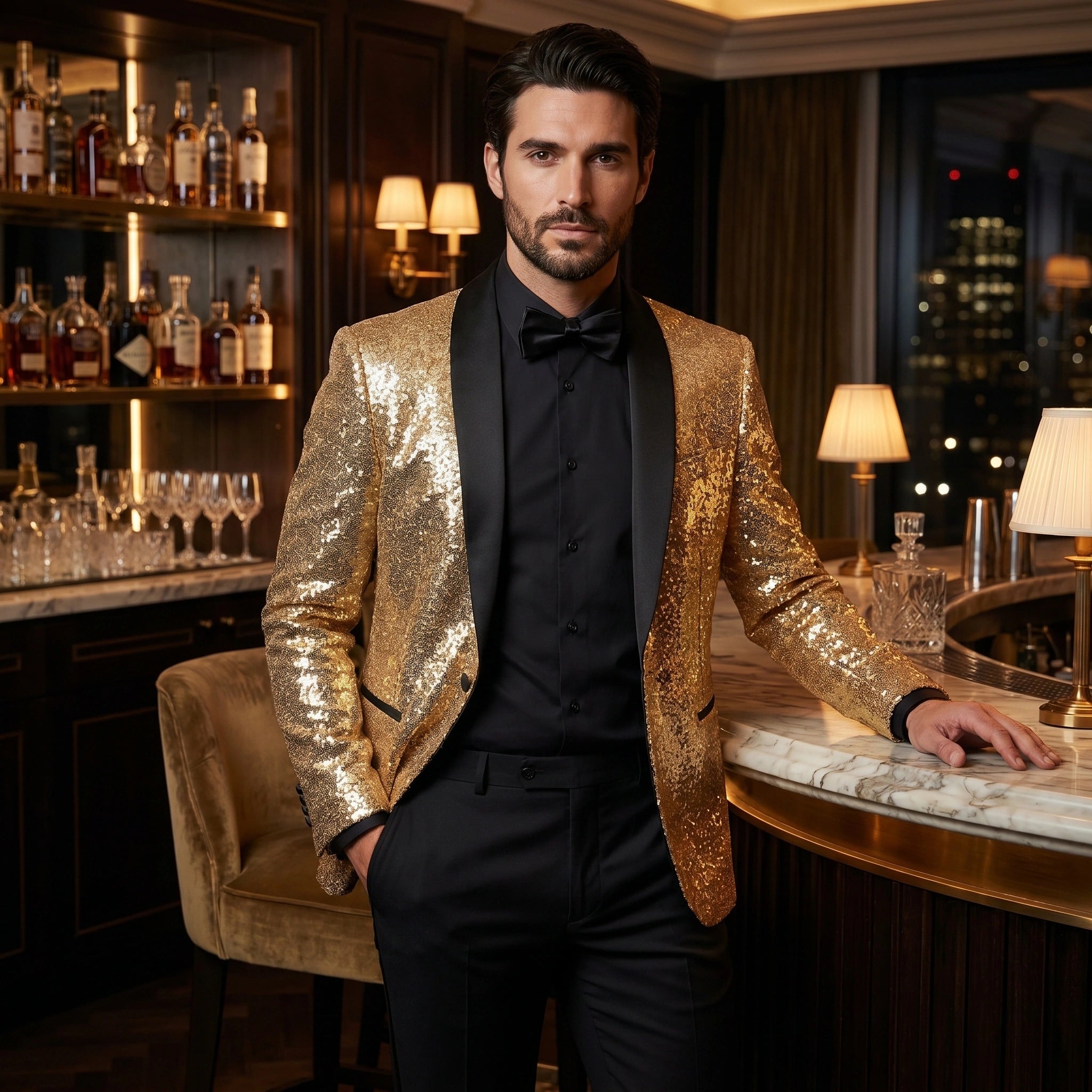 Close up of the Mens Dazzling Sleek Evening Blazer showing luxurious fabric texture, precise stitching, and design elements ideal for formal occasions.