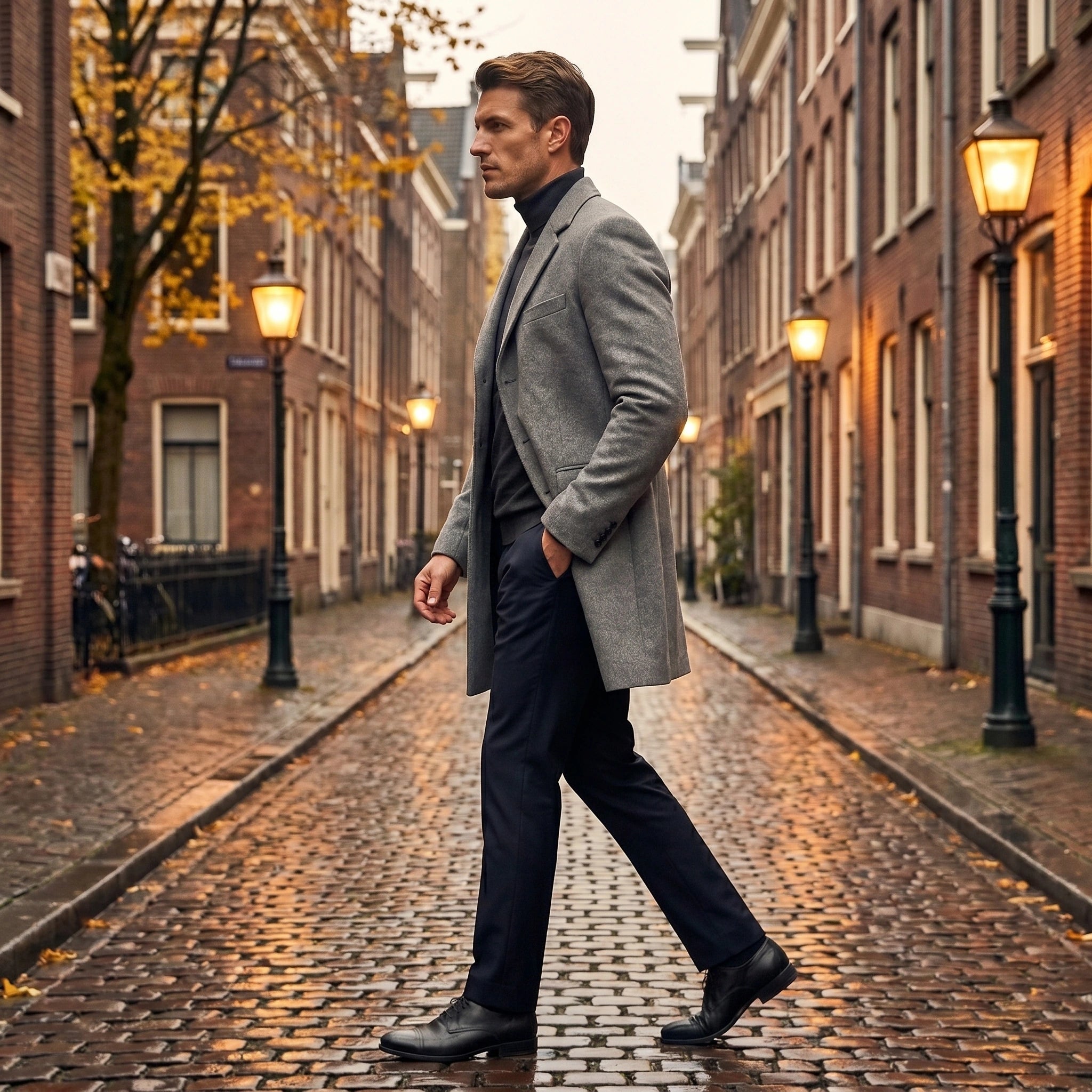 Back view of a men's classic tailored winter overcoat in a rich navy color, showing the construction details and sophisticated design.