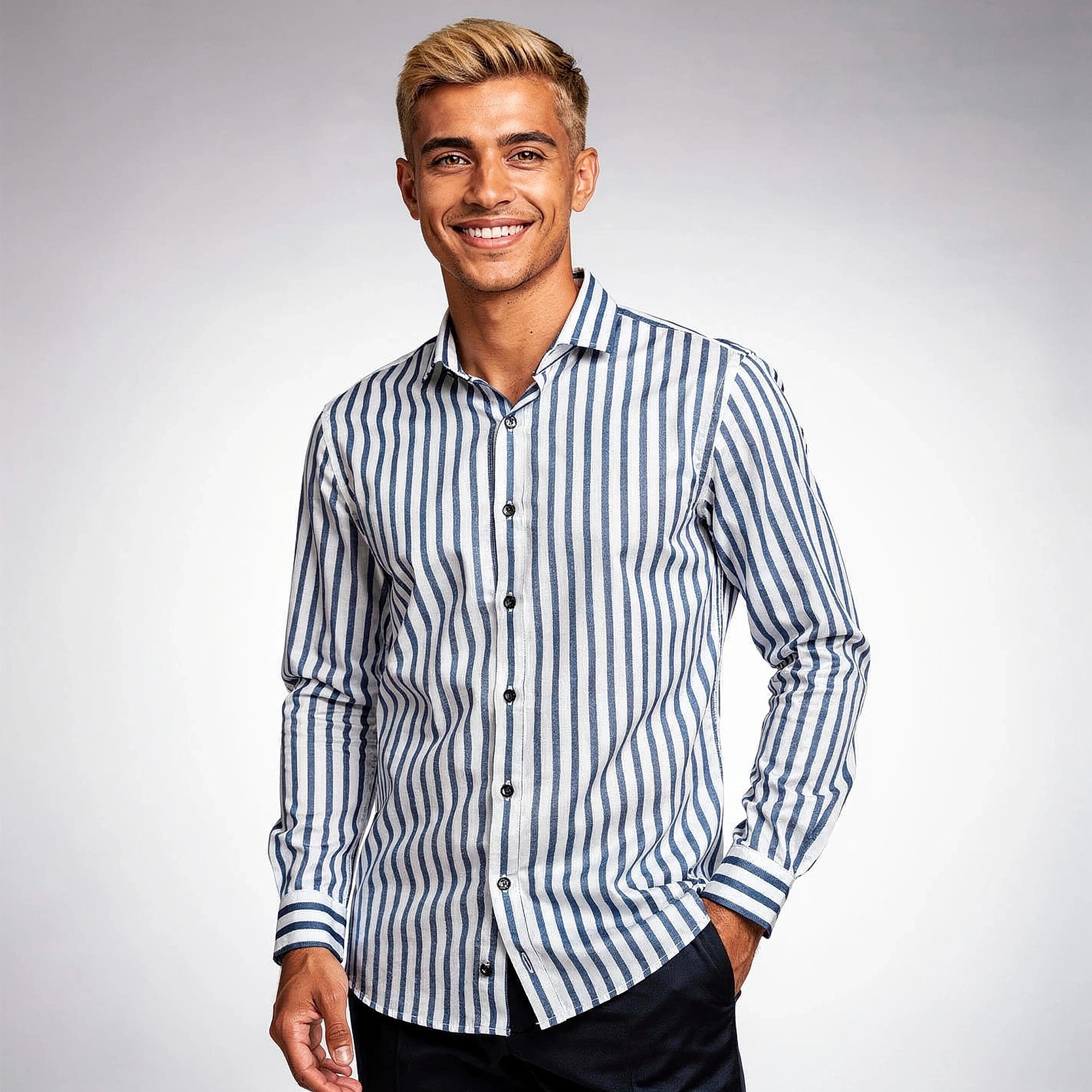 View of a relaxed striped cotton shirt in light blue and white, featuring a classic collar and button down