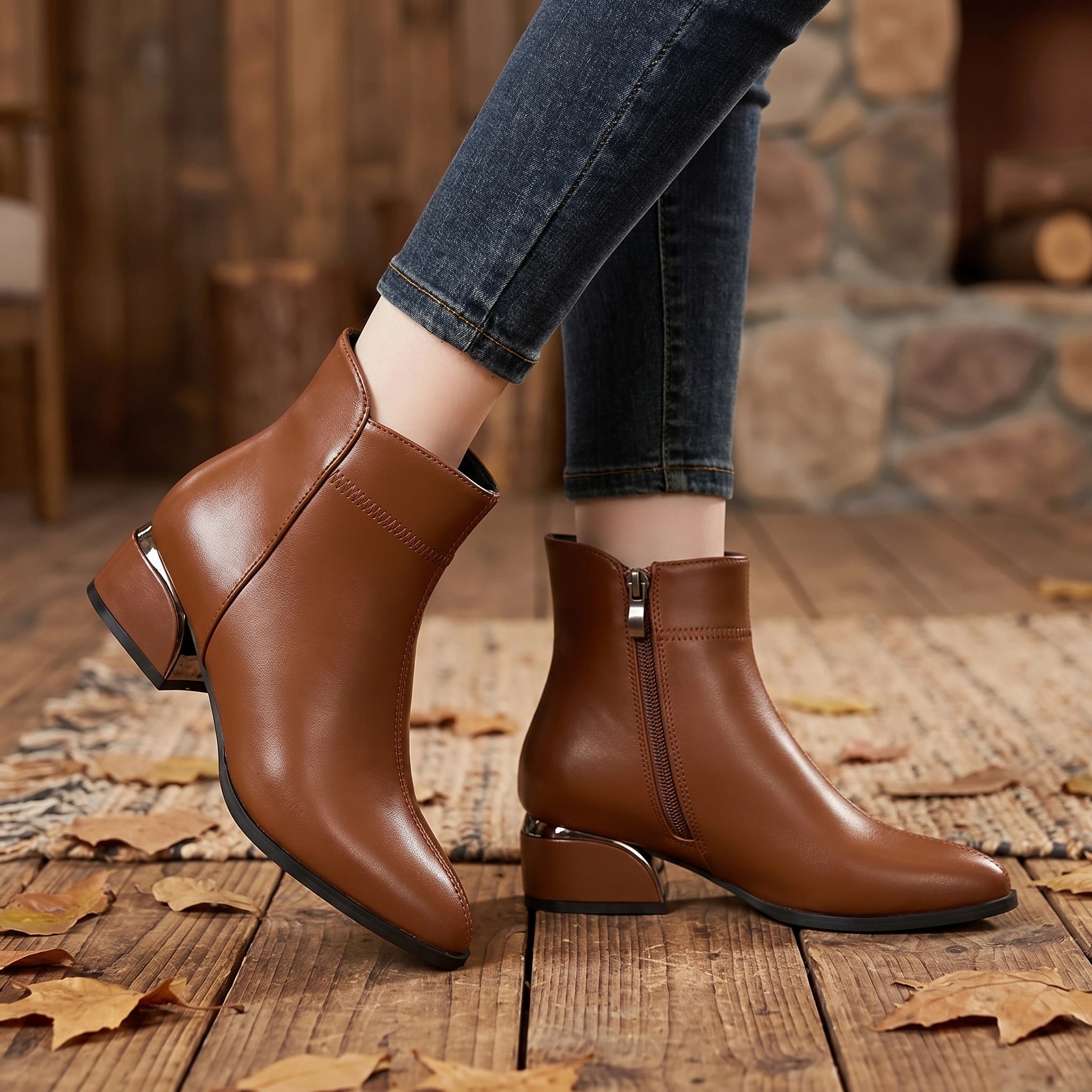 Close up view showing the soft black leather texture and precise stitching of the Womens Sleek Ankle Boots, emphasizing their sophisticated craftsmanship.