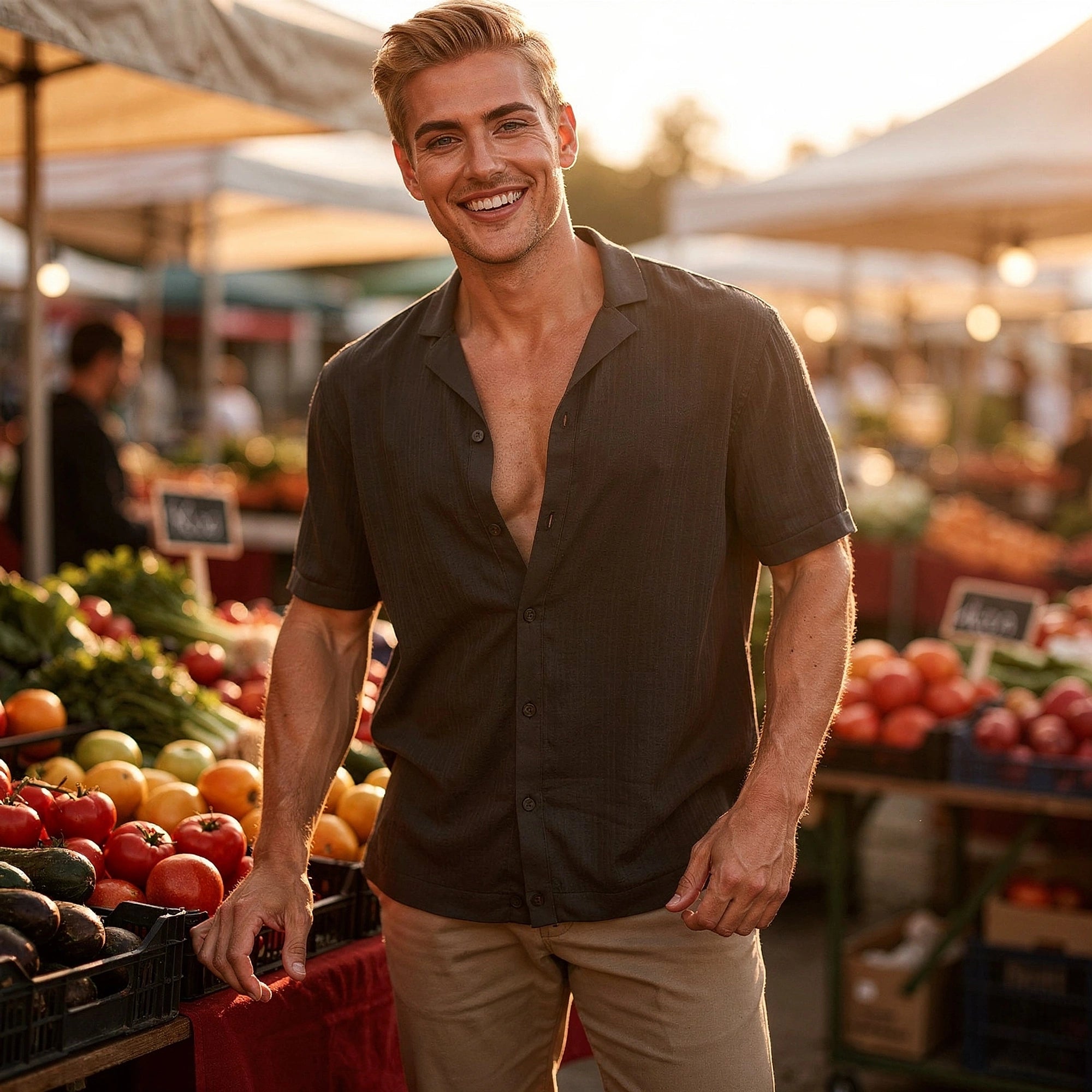 Light blue casual short sleeve button shirt with a relaxed fit and subtle texture, view showcasing buttons and collar