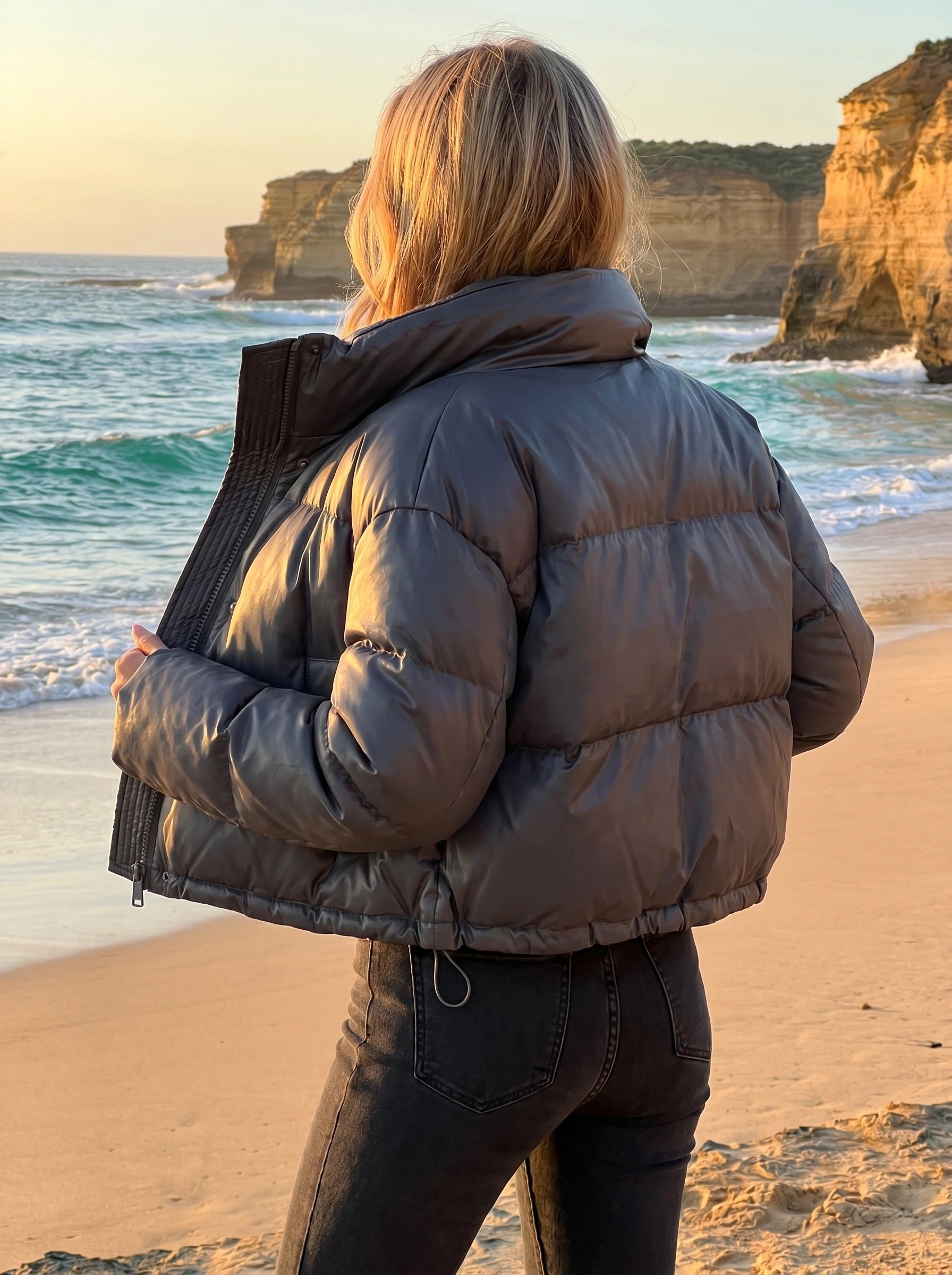Back view of the women's cozy relaxed winter jacket in a soft gray hue, showing its construction details against a neutral backdrop.