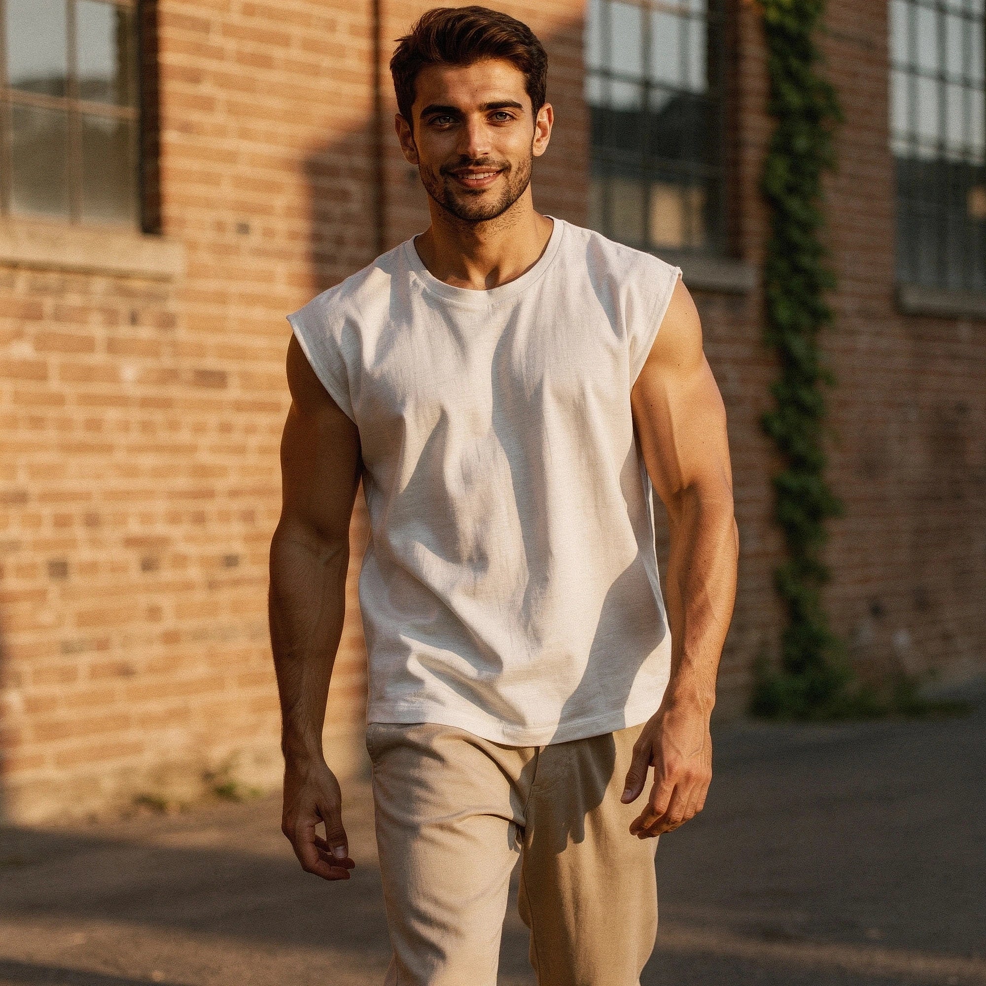 View of a sleek, comfortable summer tank top in light gray, featuring a soft fabric and a relaxed fit