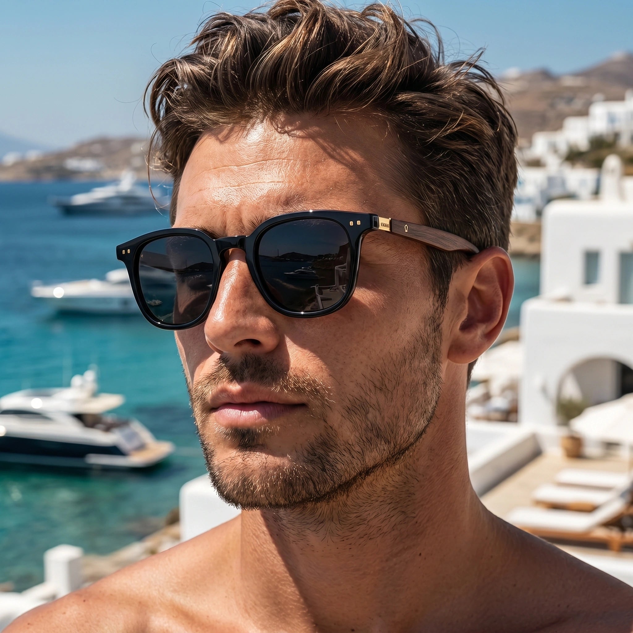 Close up of the Men's Vintage Classic Square Sunglasses showing the sleek frame design and polished finish against a soft neutral background.