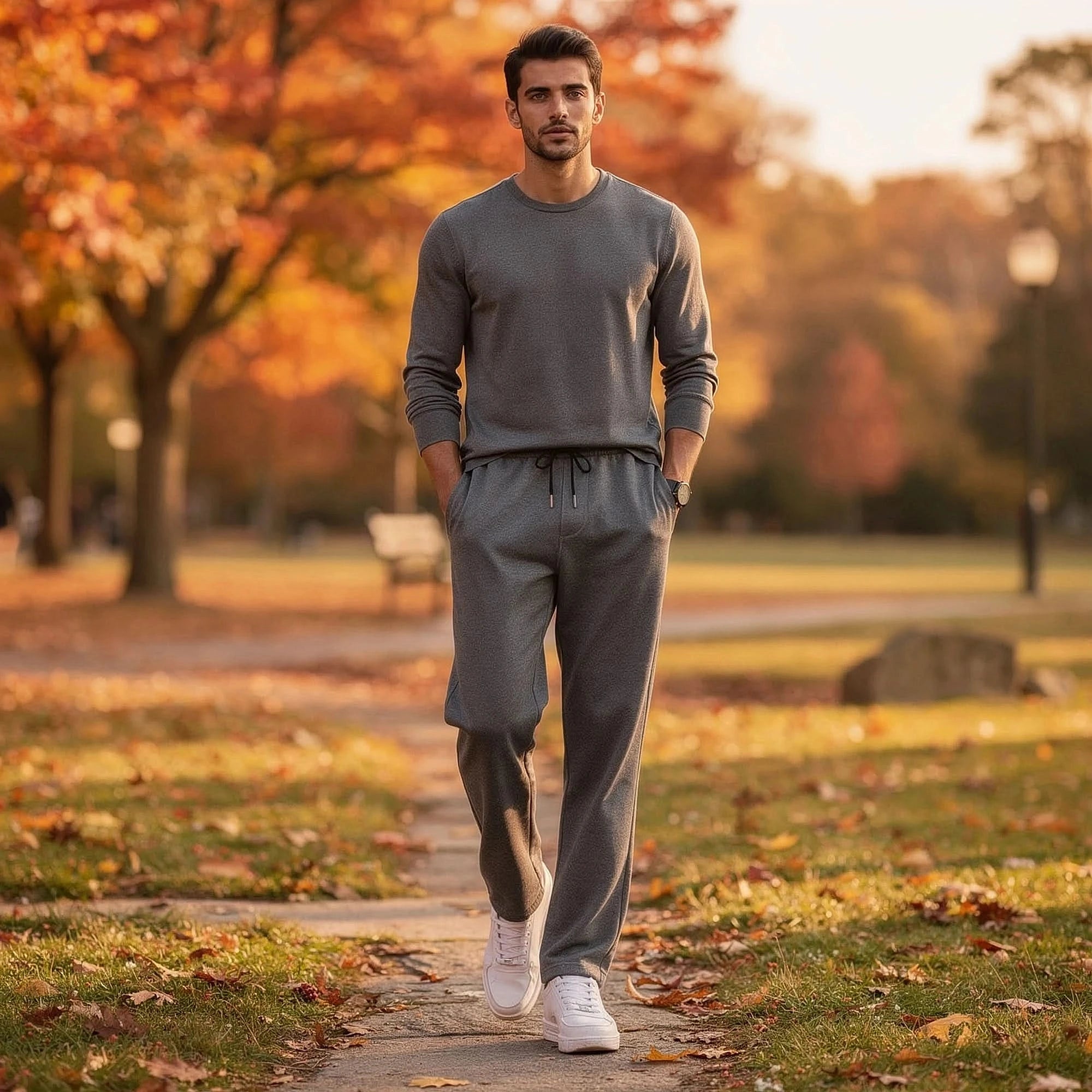 Light gray relaxed spring casual pants made from breathable fabric, featuring a comfortable waistband and pockets, view