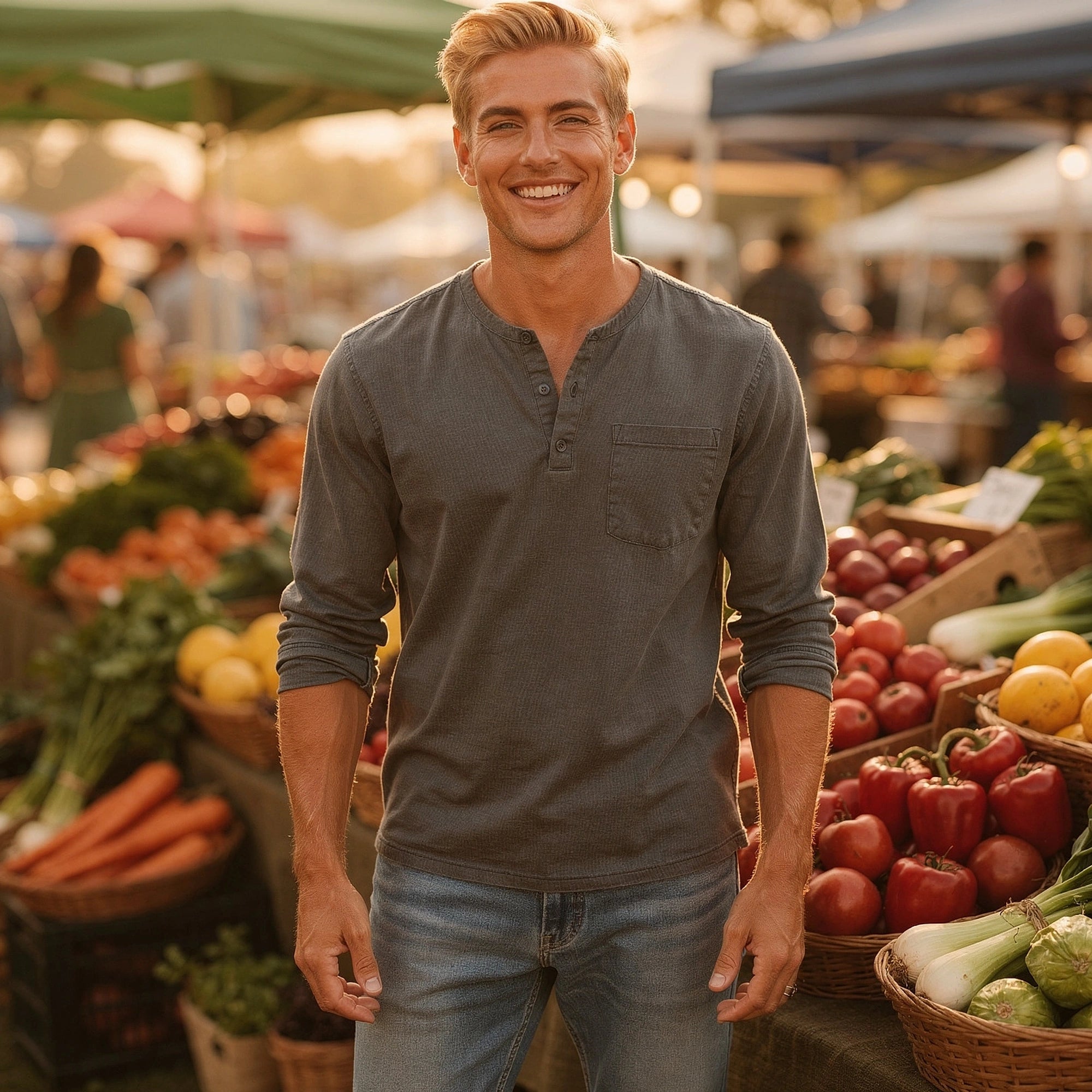 View of a light gray long sleeve henley shirt made of soft cotton, featuring a three button placket and ribbed cuffs