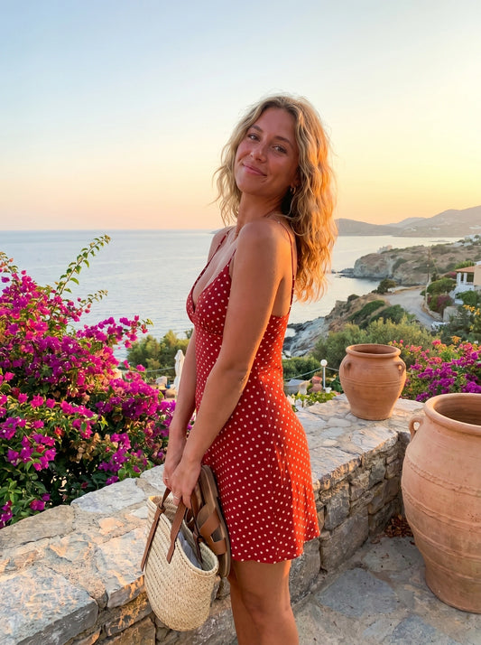 A model showcases the Womens Playful Summer Dress in a colorful, showing a flattering silhouette and styled against a bright outdoor backdrop.