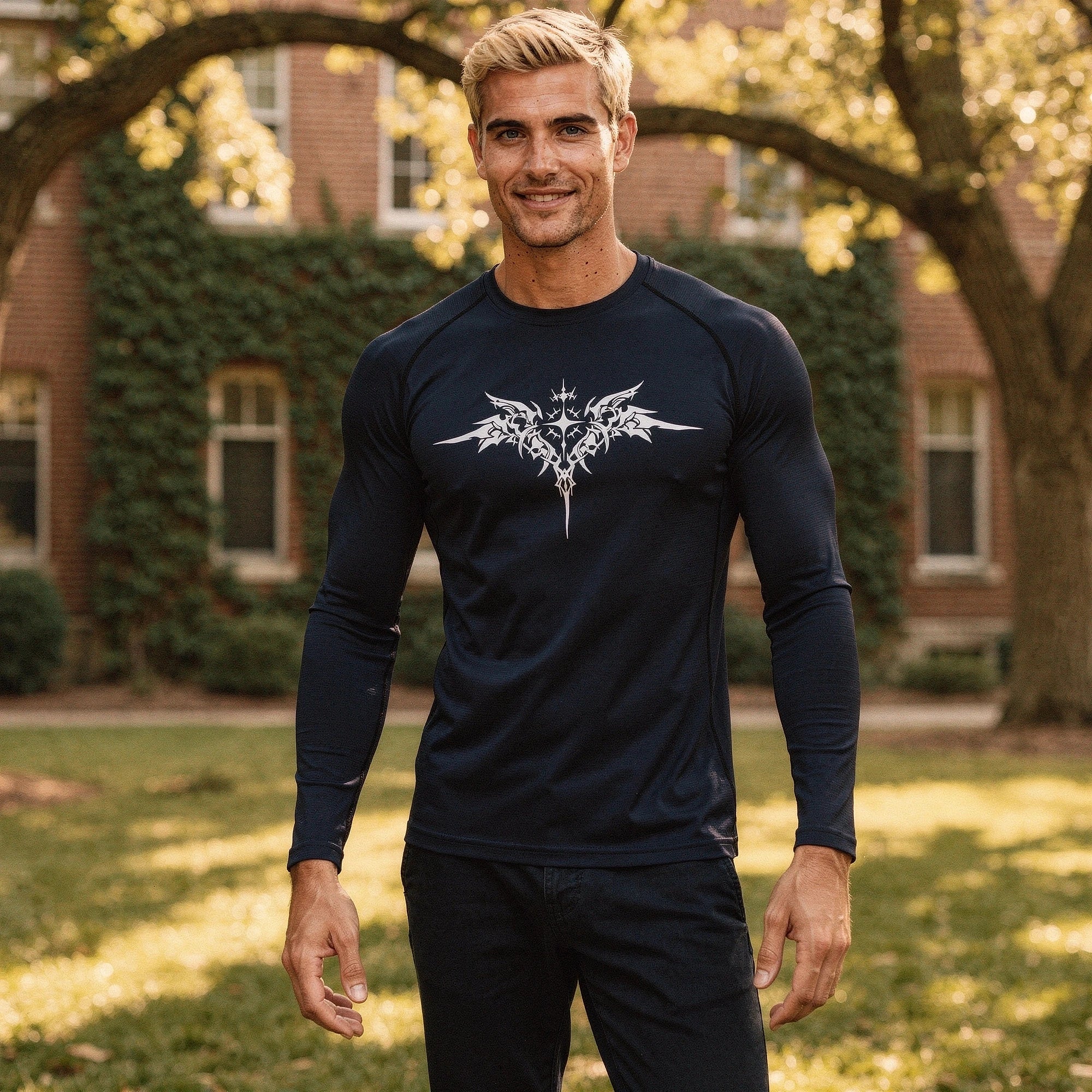 View of a black quick drying compression tee featuring short sleeves and a fitted design