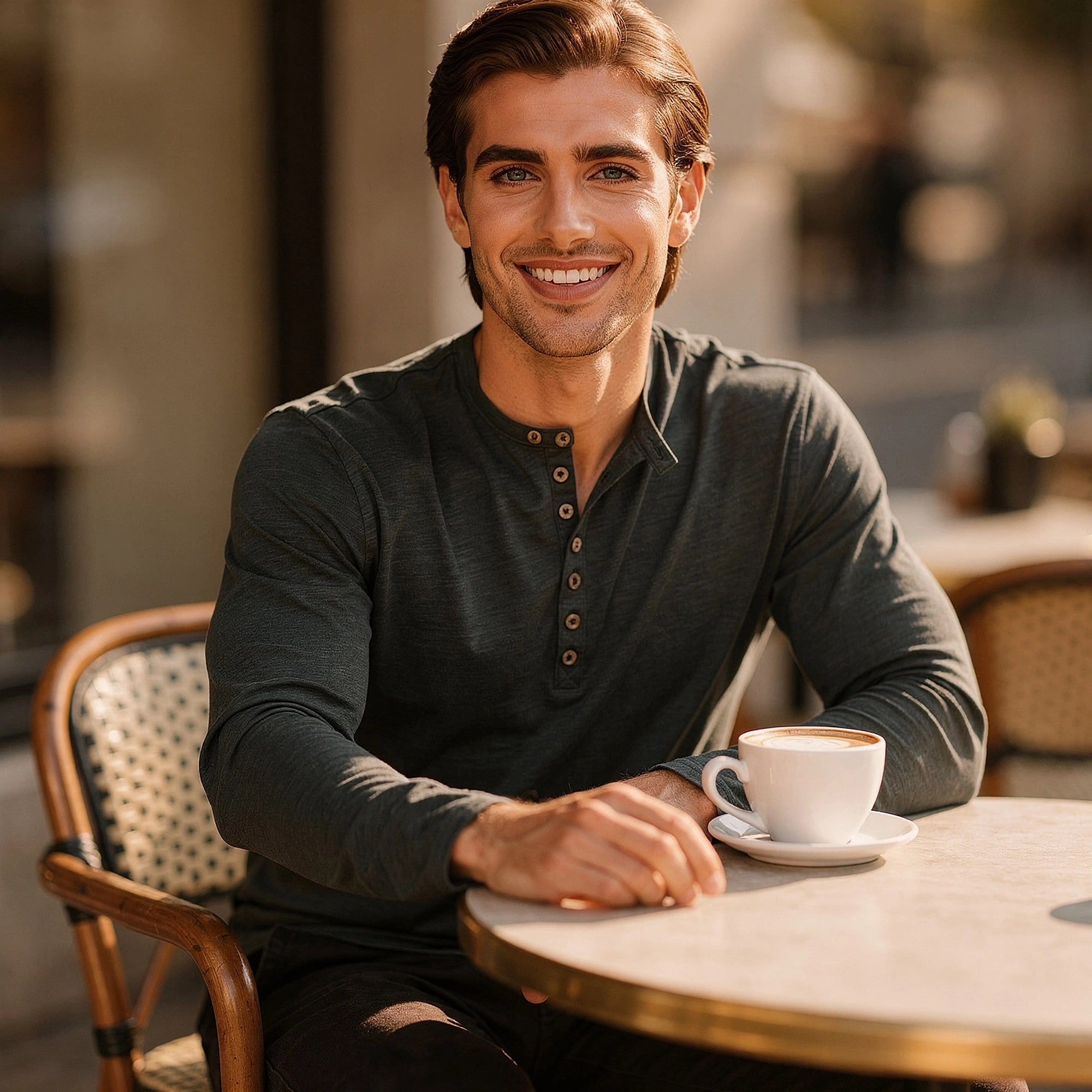 View of a comfortable casual long sleeve henley shirt in soft cotton, featuring a relaxed fit and buttoned placket