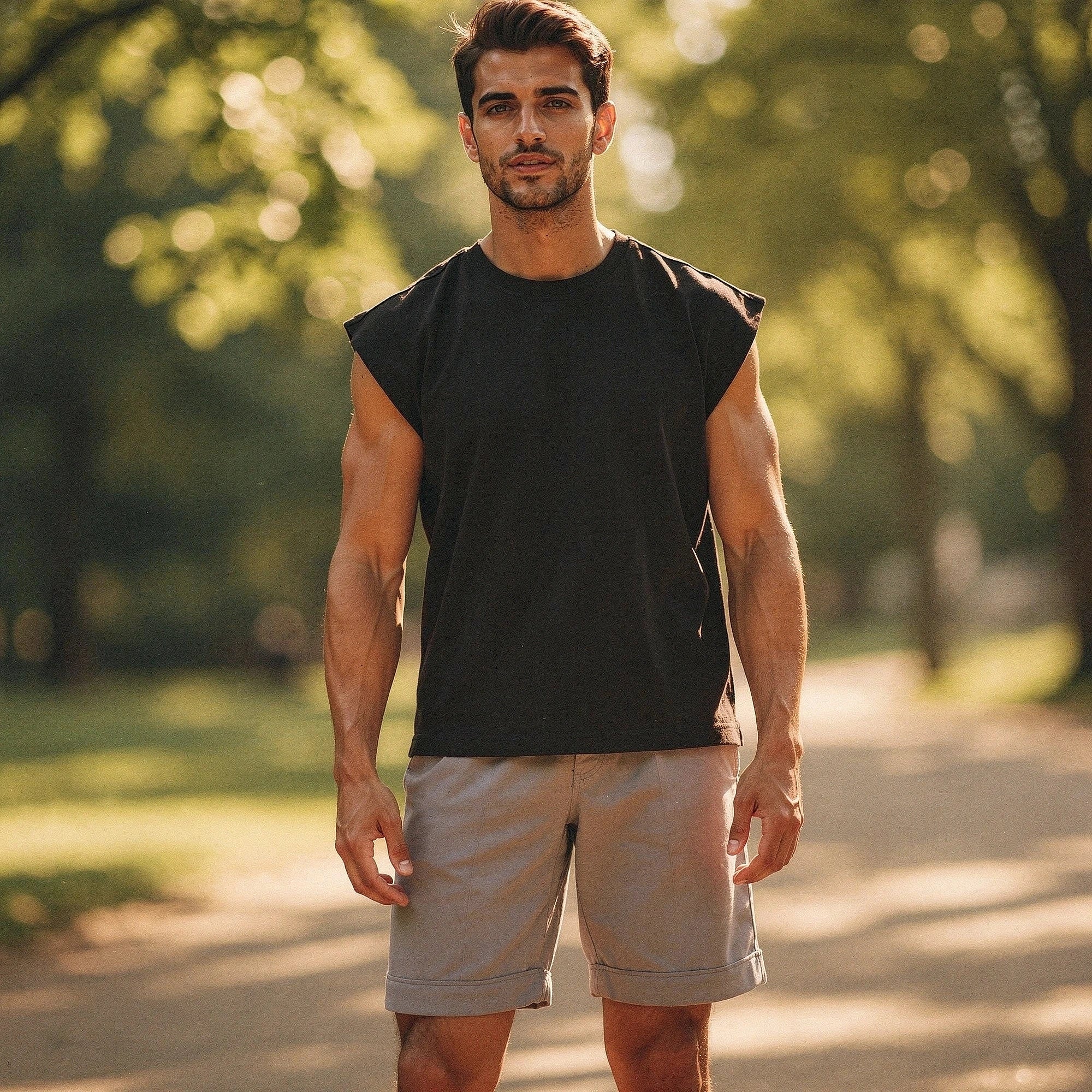 View of a sleek black summer tank top made from lightweight fabric, featuring a round neckline and narrow shoulder straps