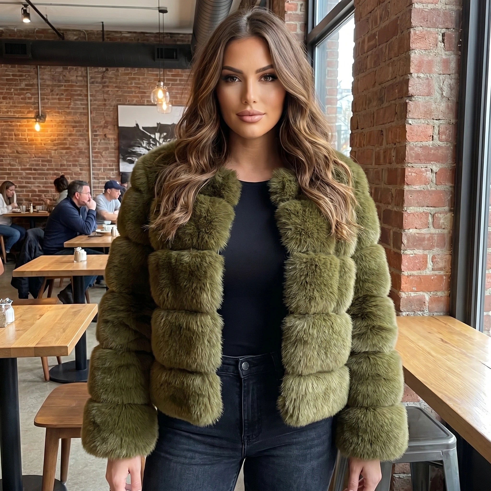 Back view of a model wearing the Womens Fluffy Autumn Coat in soft beige, showing its luxurious texture and silhouette against a neutral background.