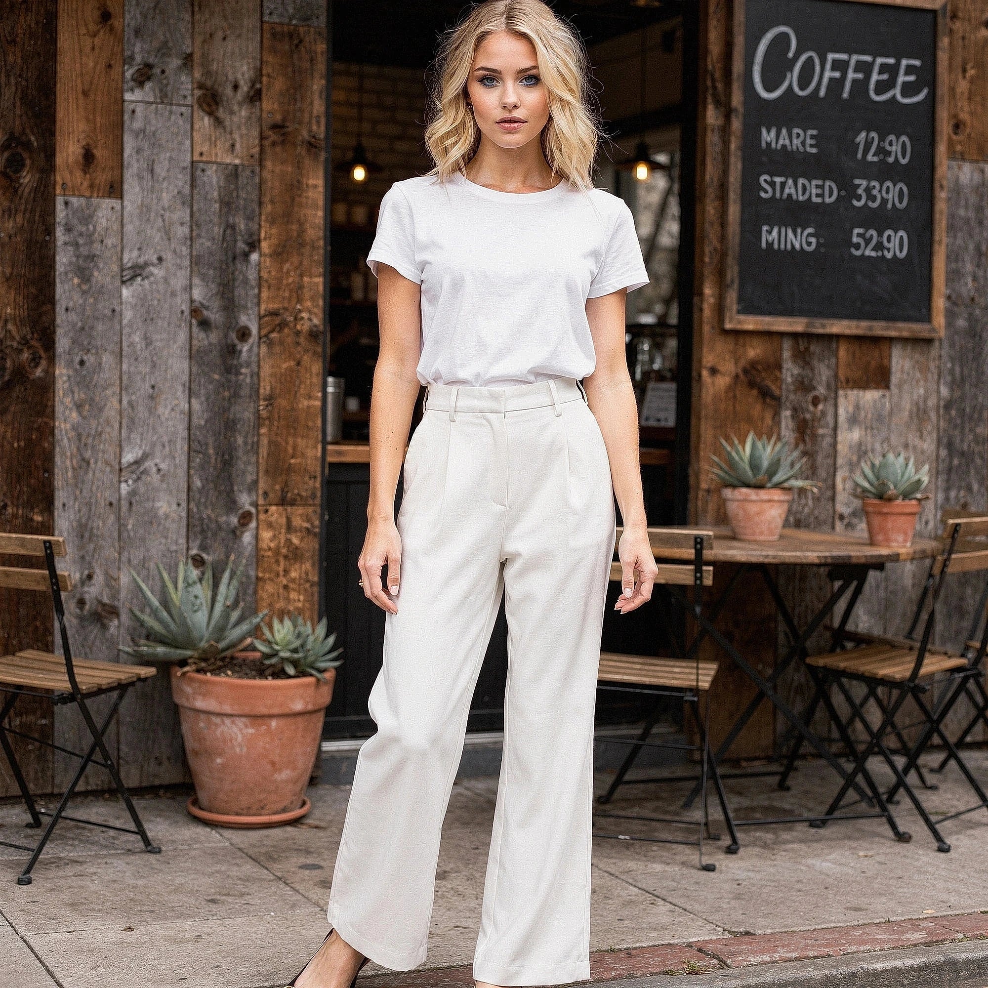 View of elegant high waisted wide leg pants in soft beige fabric, featuring a smooth finish and tailored waistband