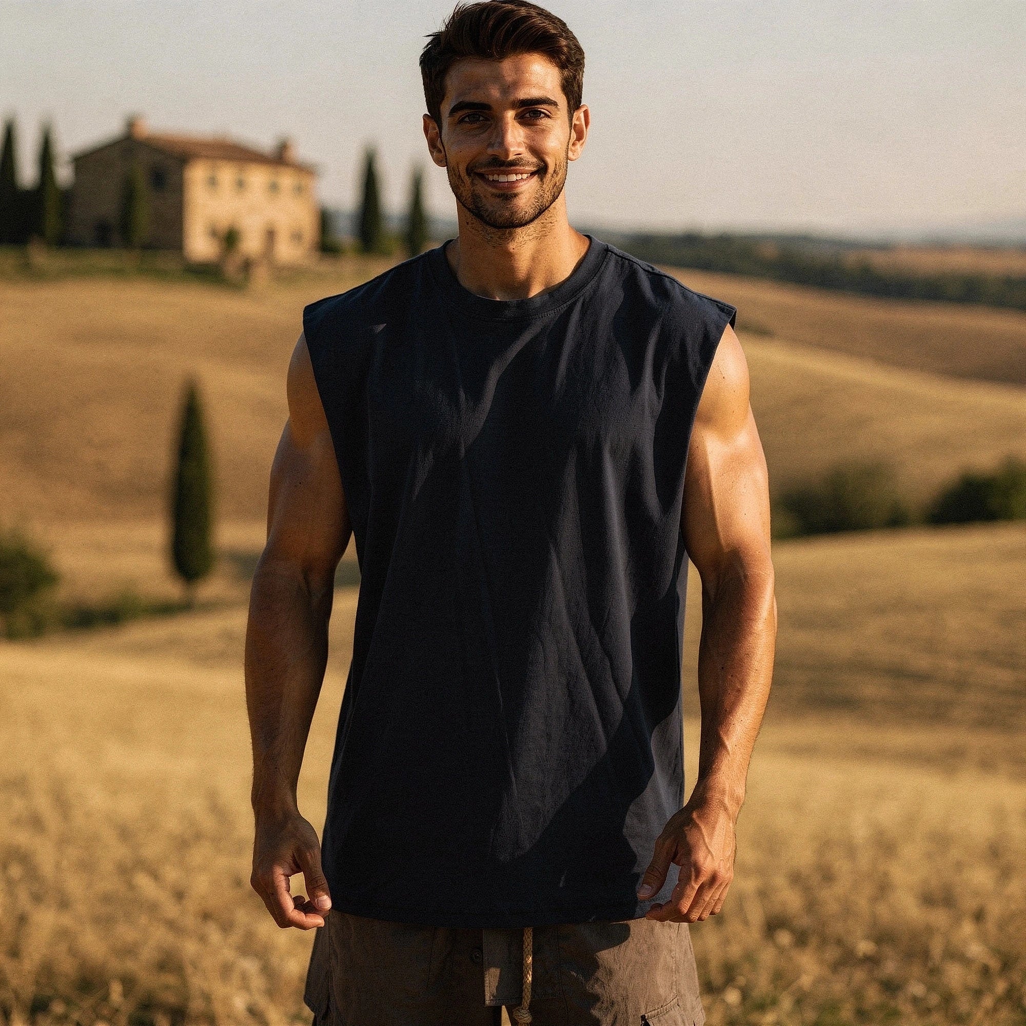 View of a sleek, comfortable summer tank top in light gray, featuring a soft cotton blend and a relaxed fit