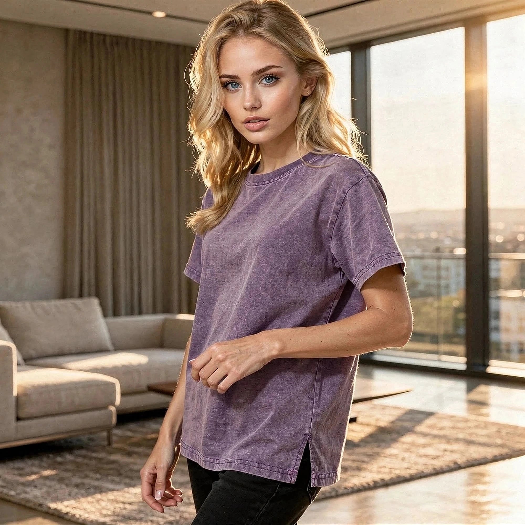 Slim elegant t shirt in soft cotton fabric, featuring a round neckline and short sleeves, view showcasing its smooth texture