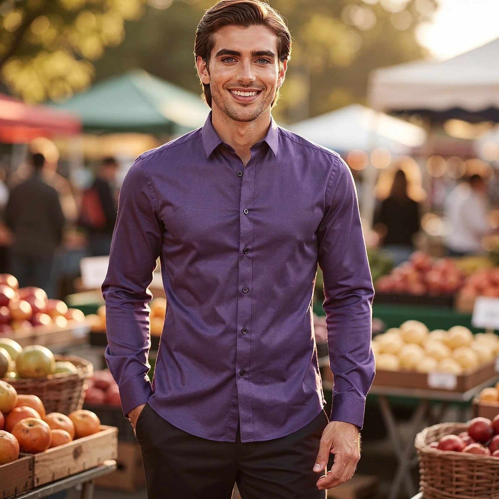 View of a tailored modern everyday shirt in light blue, featuring a crisp collar and subtle texture
