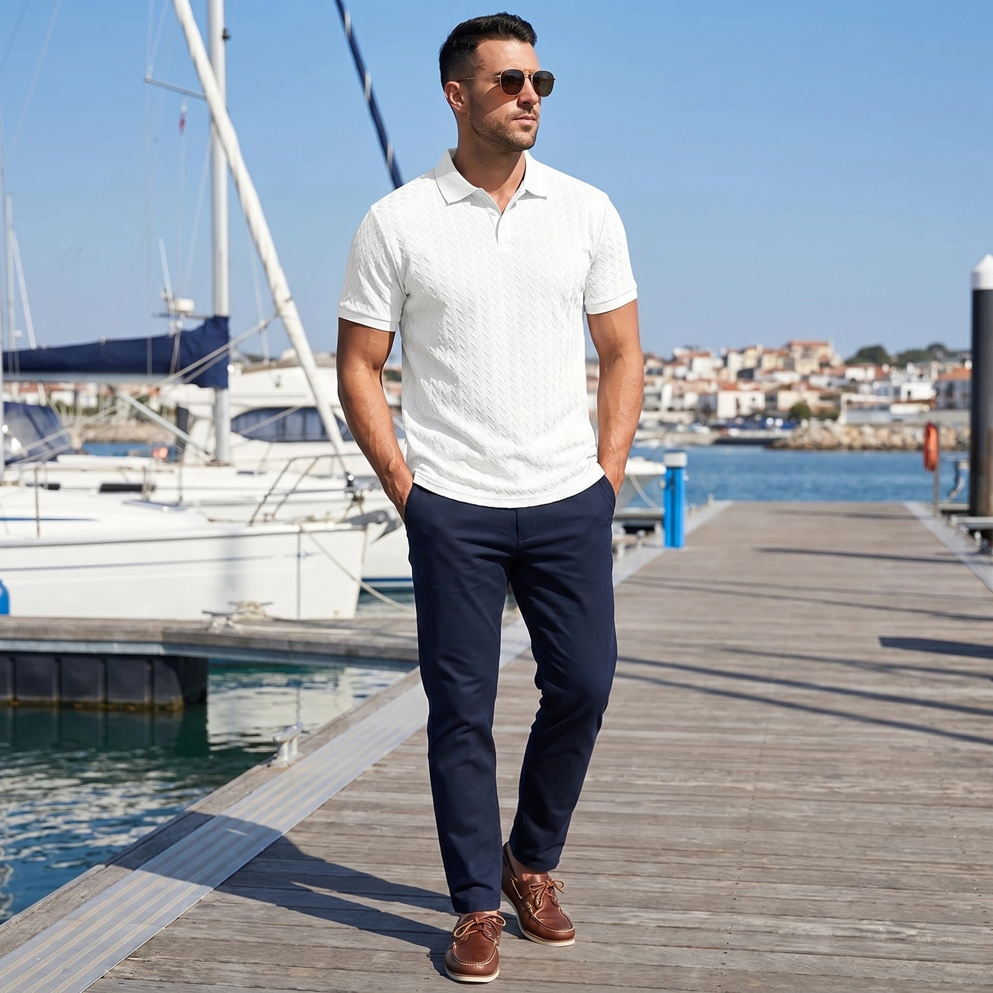 Close up view of the breathable fabric and fine stitching details of the men's solid summer polo shirt in a colorful, showing its quality and style.