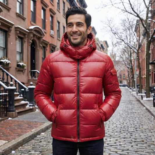 Back view of a model wearing a navy blue men's warm winter puffer jacket, showing its sleek construction details against a neutral outdoor background.