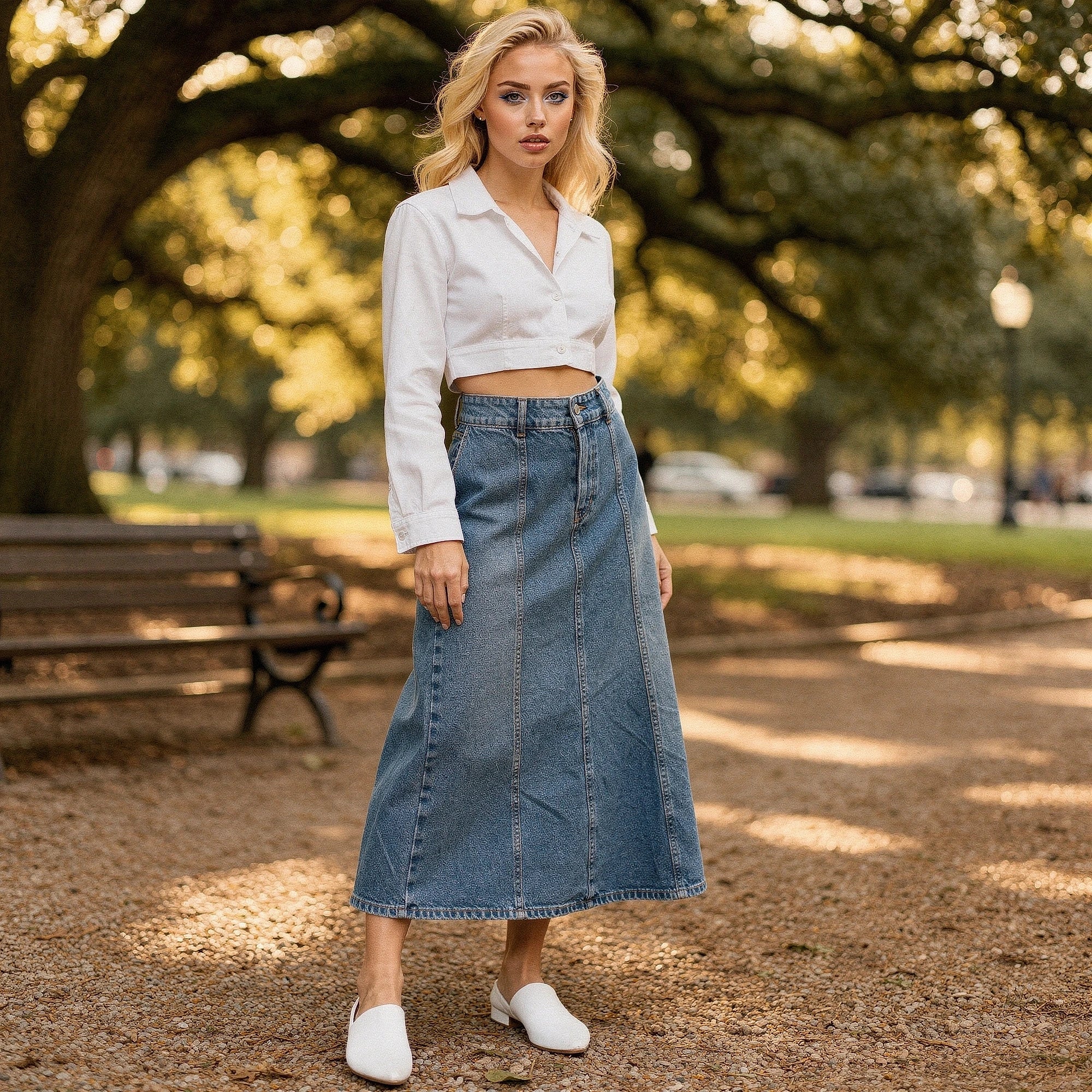 View of a flowy midi skirt in a soft beige fabric, featuring a subtle texture and an elastic waistband