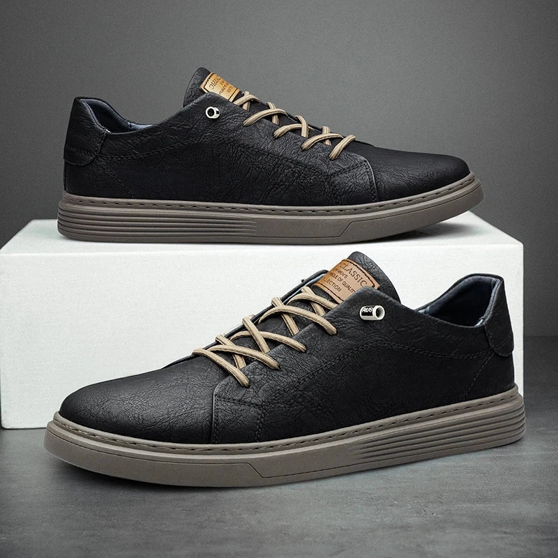 View of brown lace up shoes made from soft leather, featuring a sleek design and comfortable fit