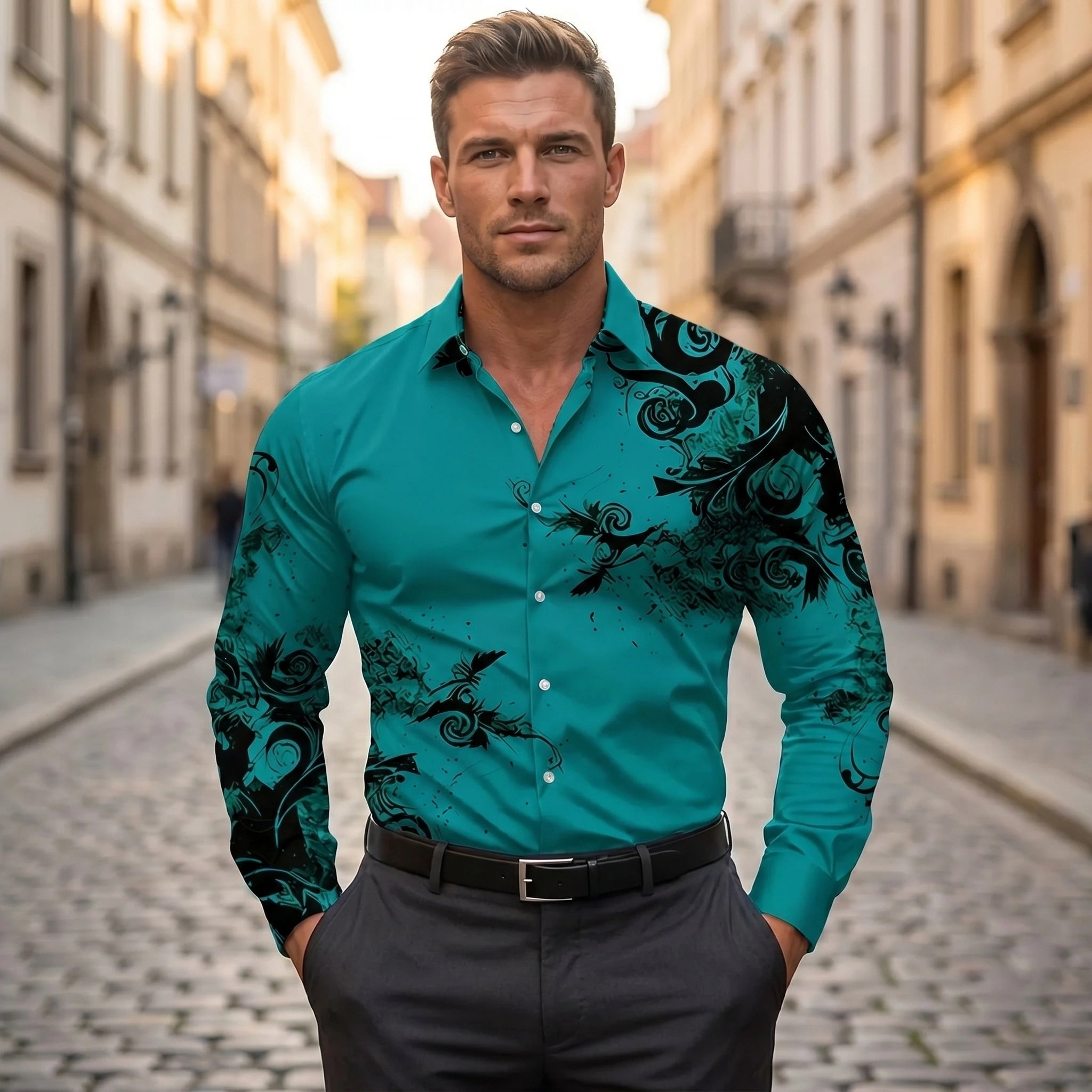 Close up view of the Mens Vibrant Casual Spring Shirt showing its colorful, fine stitching, and lightweight fabric perfect for spring outings.