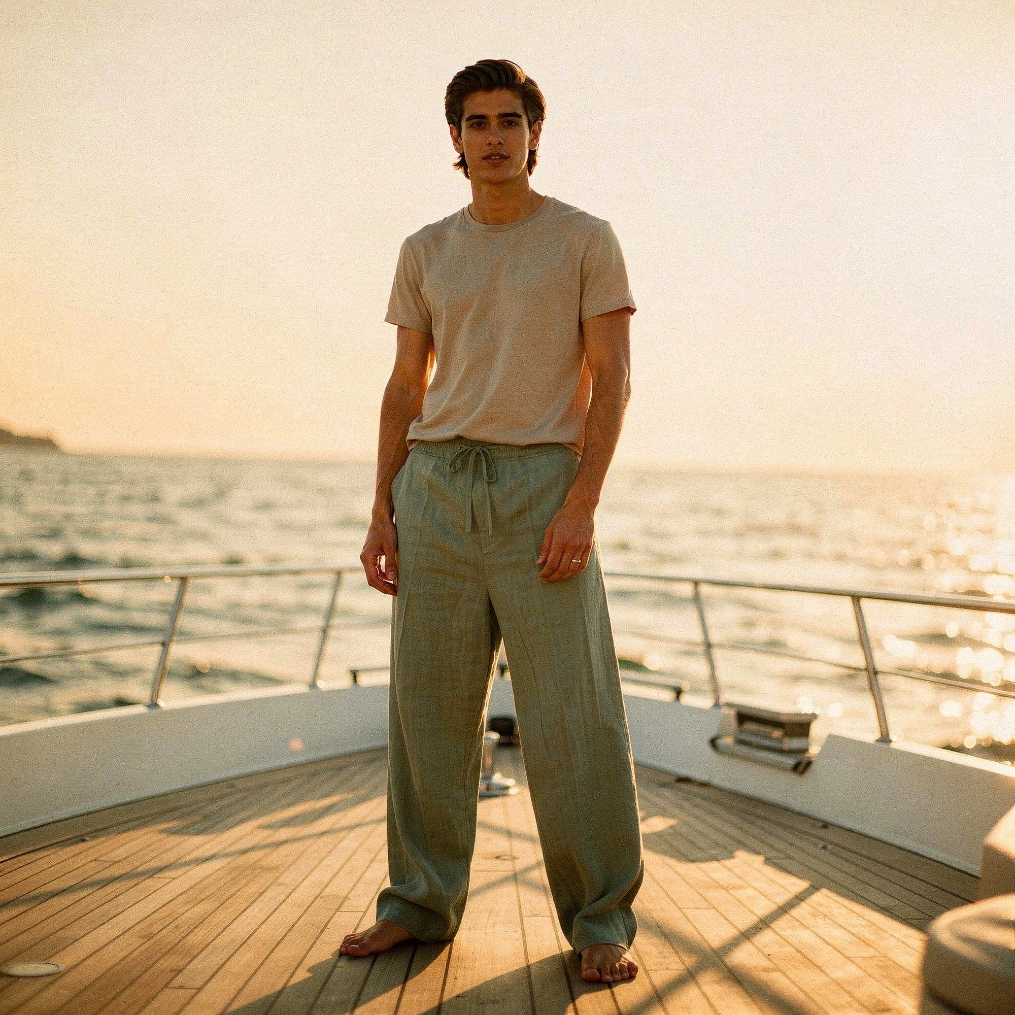 Lightweight casual trousers in a relaxed fit, featuring a soft fabric, pockets, and a neutral beige color, view