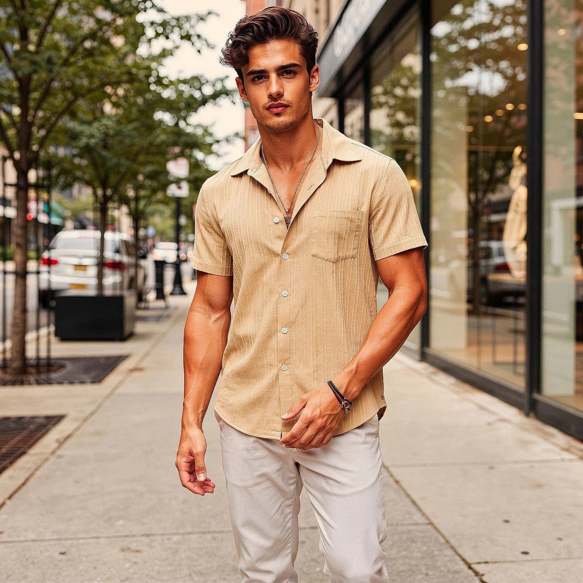 Light blue breathable linen shirt with a relaxed fit, featuring a button down collar and short sleeves, view