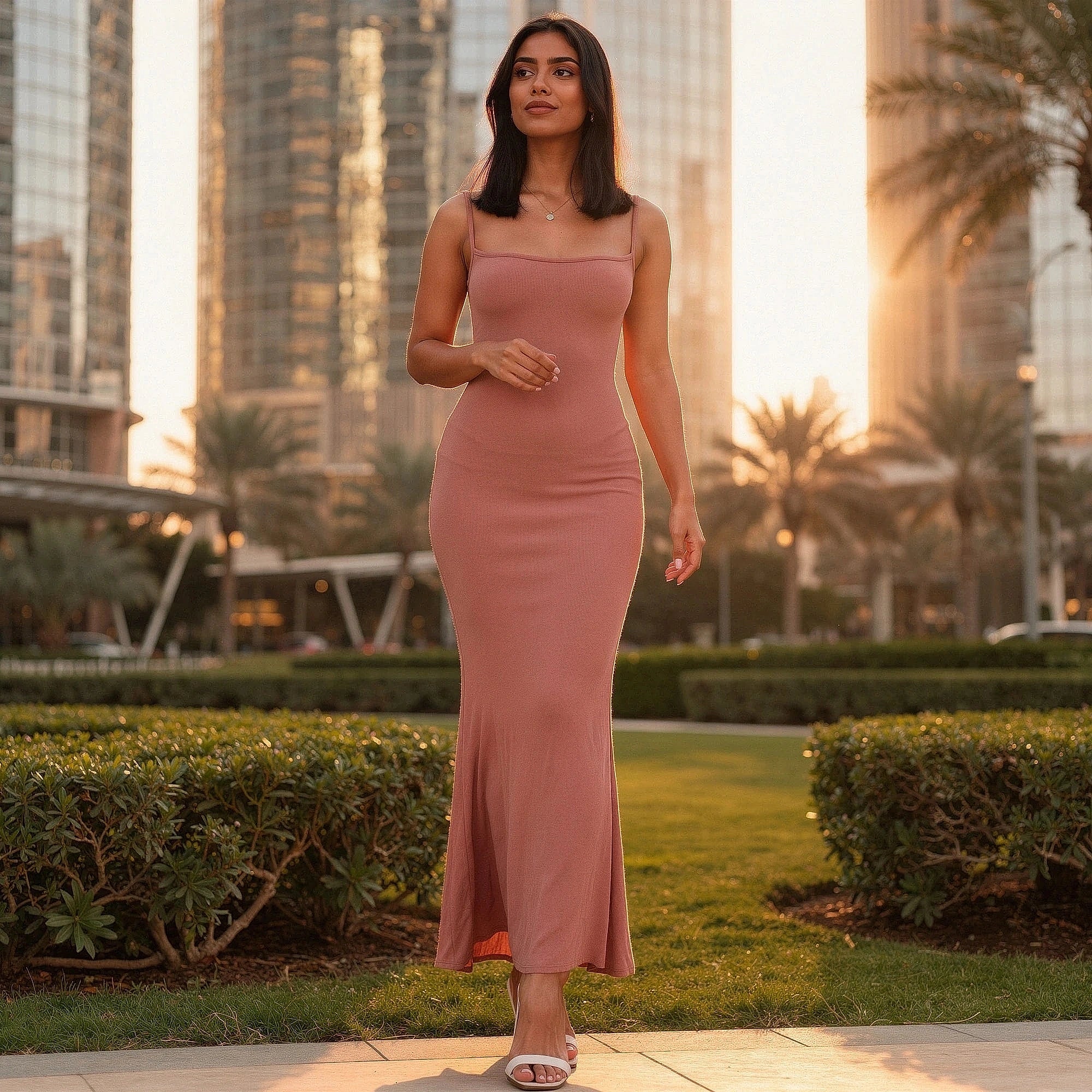 Elegant slim maxi dress in soft fabric, featuring a deep V neckline and flowing skirt, view showcasing intricate stitching