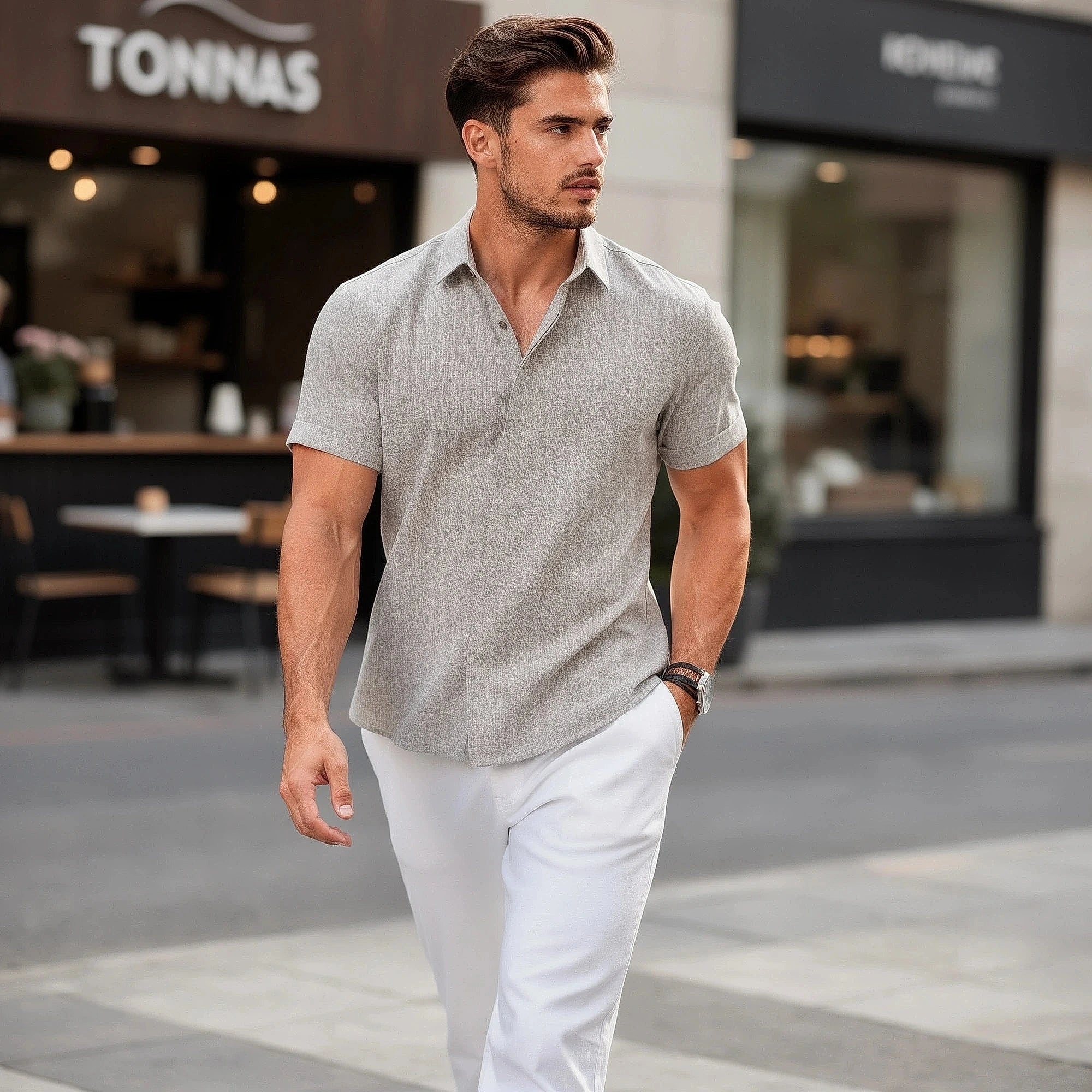 Light blue relaxed fit short sleeve shirt made from soft cotton, featuring a button down collar and chest pocket, view