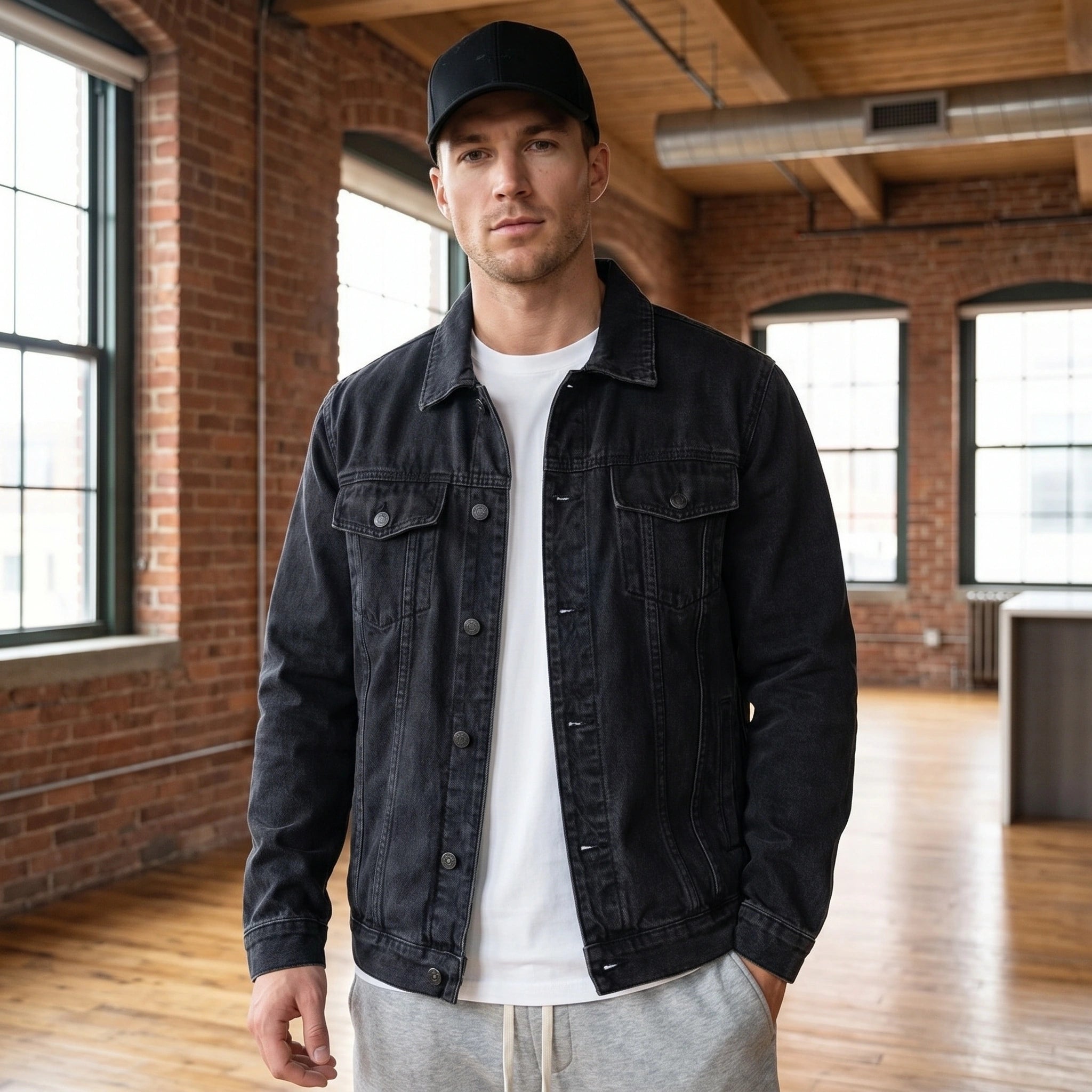 Close up view of the Mens Classic Tailored Denim Jacket showing the intricate stitching and premium fabric texture for a refined casual look.