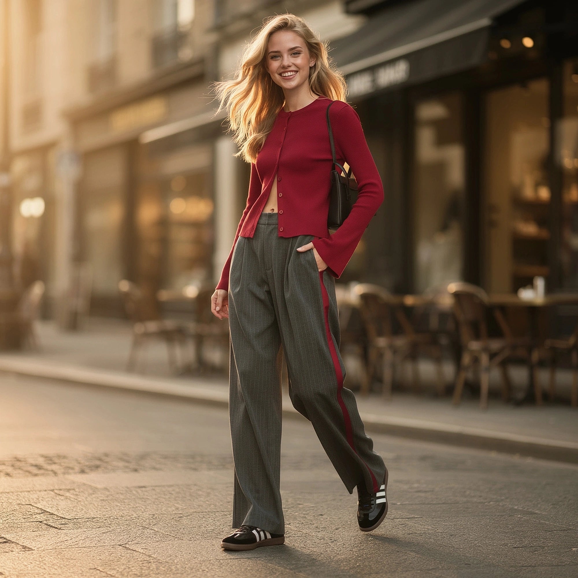 View of high waist trousers in a soft beige fabric, featuring a tailored fit and elegant pleats