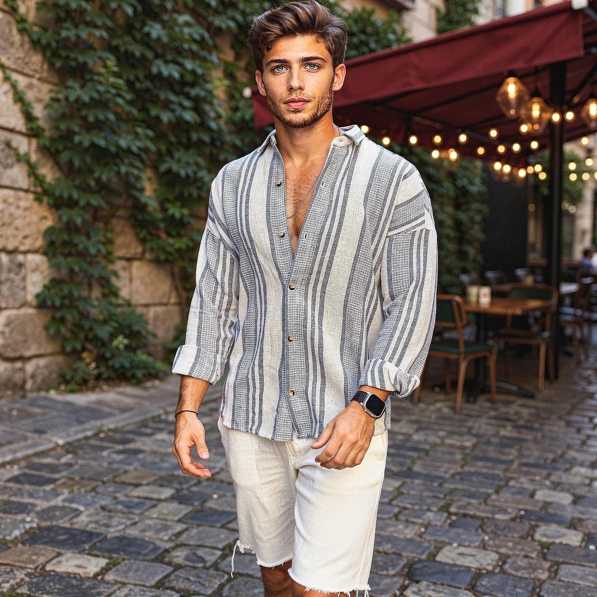 Lightweight button up shirt in light blue, featuring a relaxed fit and short sleeves, view