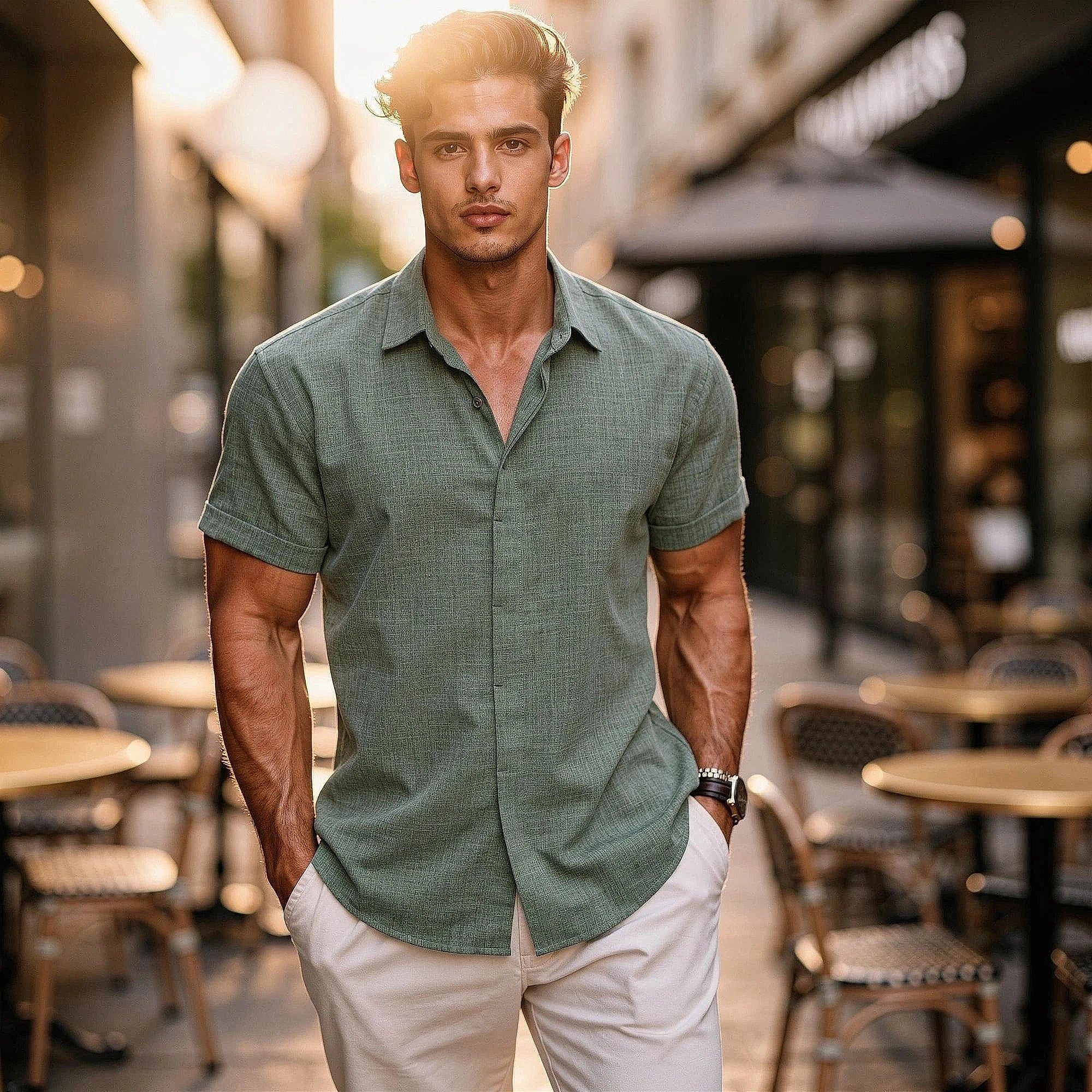 Relaxed fit short sleeve shirt in light blue, featuring a yoke and a smooth cotton blend fabric