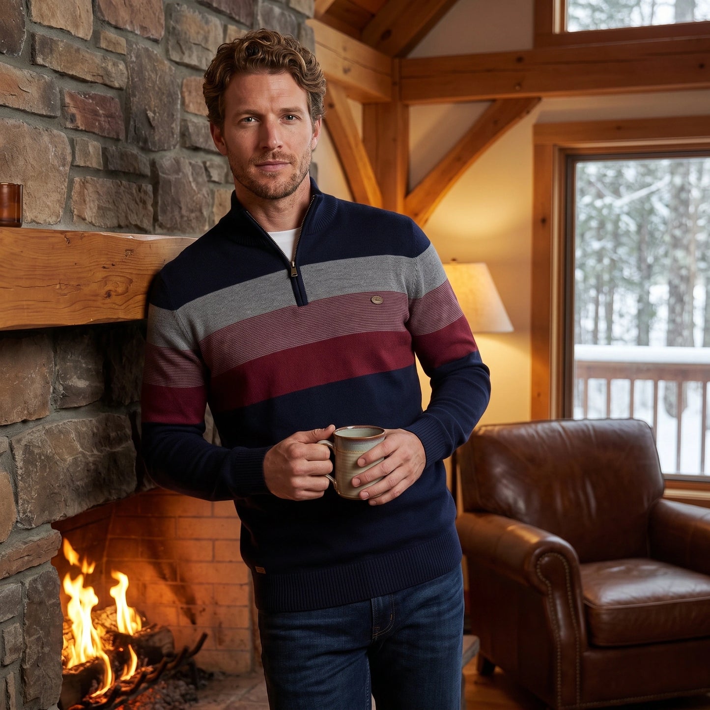 Close up of the men's ribbed knit sweater showing the textured fabric and quarter zip feature, showing its stripes and quality stitching.