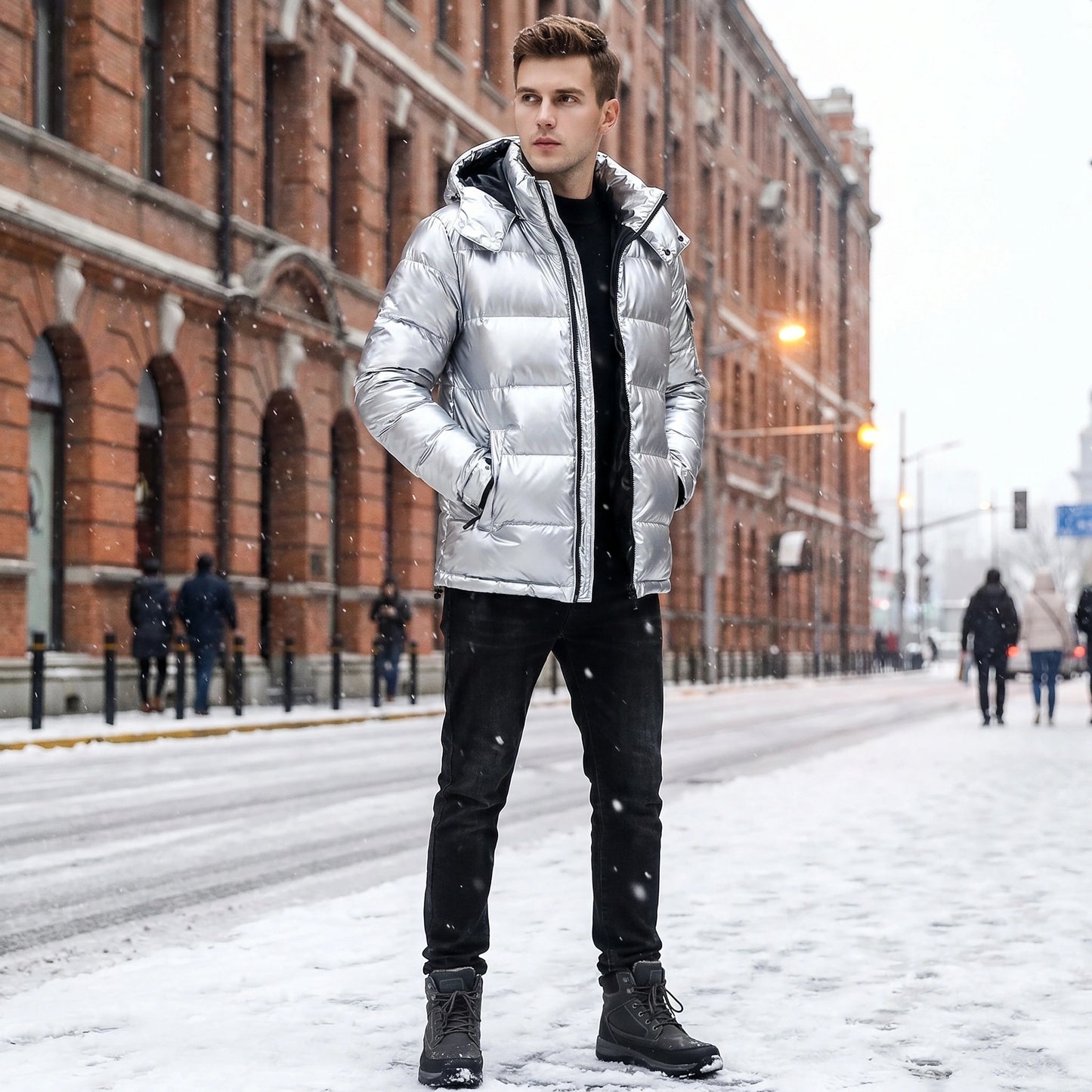 Close up view of the mens warm winter puffer jacket showing the intricate stitching and luxurious fabric texture against a neutral background.