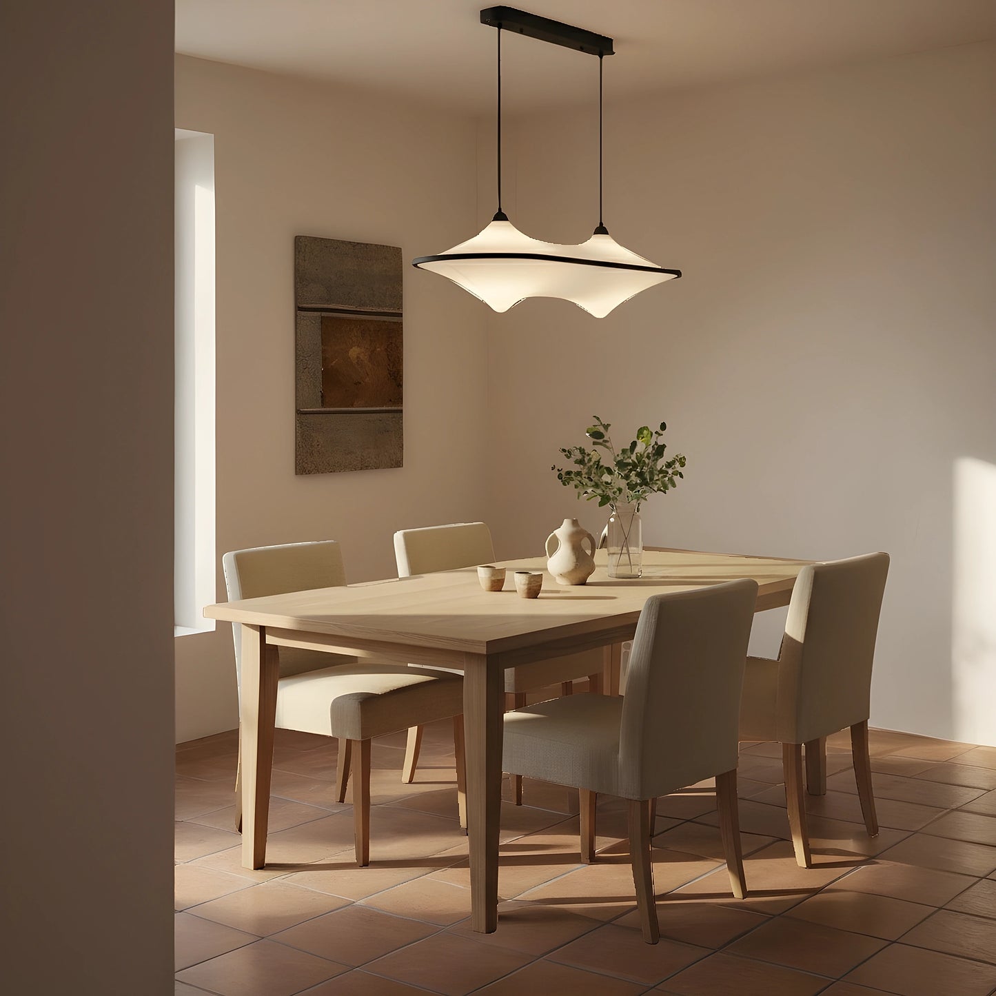 Close up view of the sleek modern iron pendant light fixture showing its minimalist design, smooth finish, and intricate detailing in the iron frame.