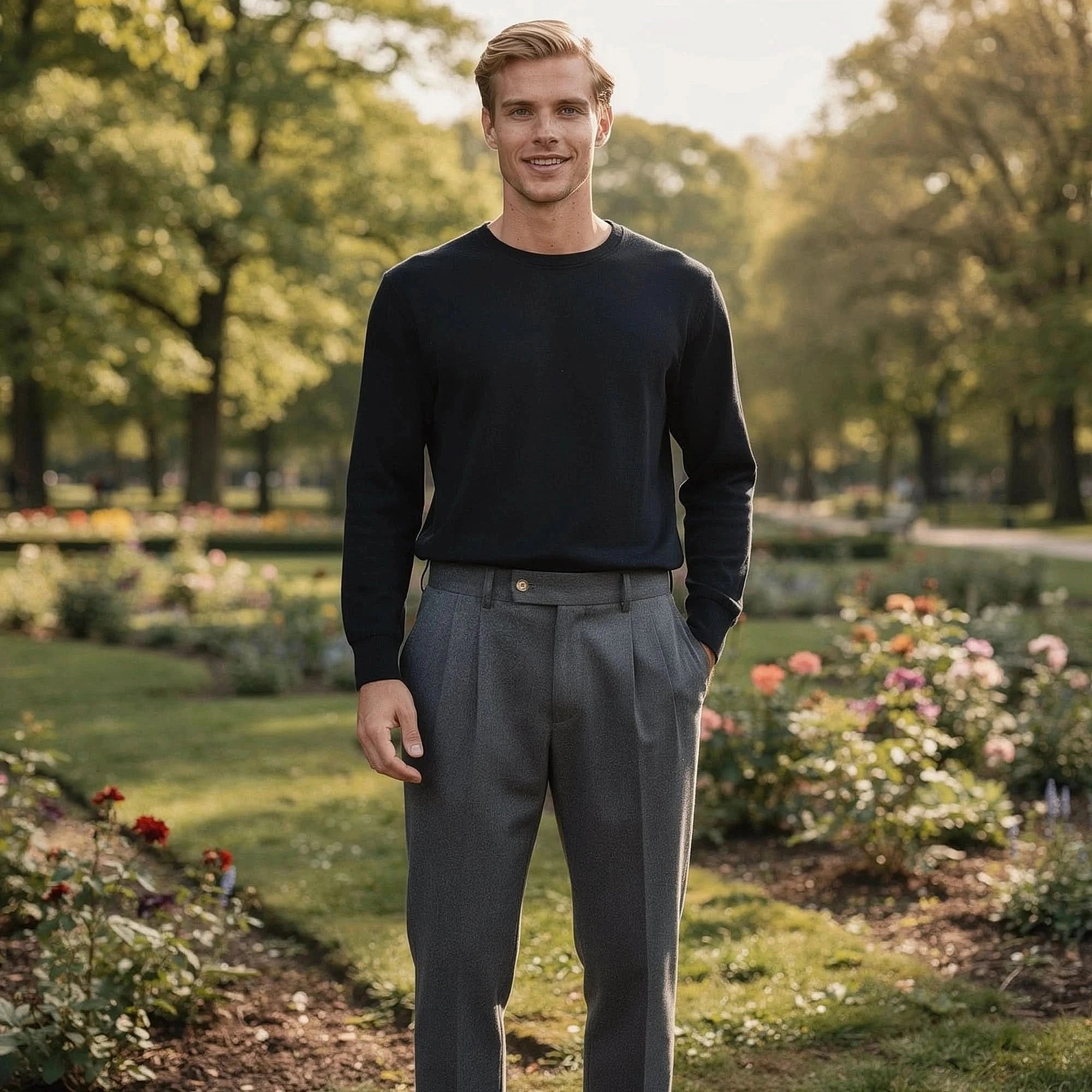 View of tailored high waisted straight trousers in dark gray fabric, featuring a clean silhouette and subtle stitching details
