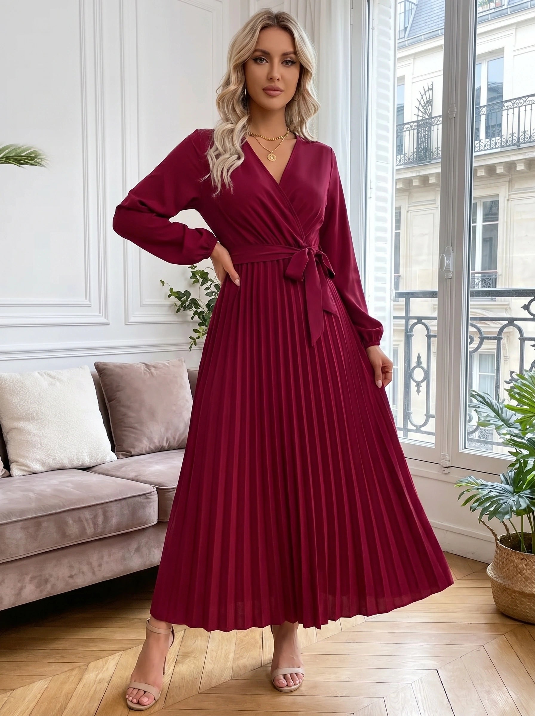 Close up view of the Womens Pleated Maxi Dress showing the intricate fabric texture and fine stitching details, perfect for special occasions.