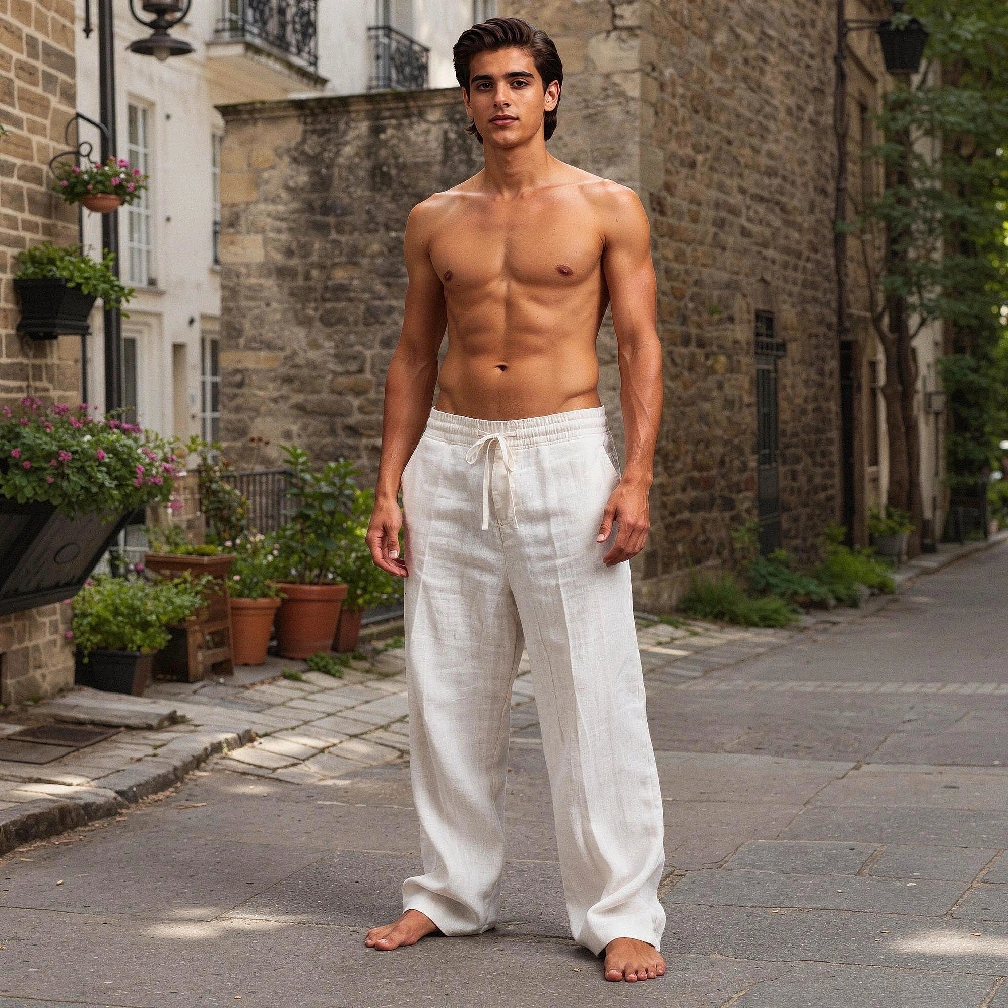 Lightweight casual trousers in light gray, featuring a relaxed fit and pockets, view showcasing fabric texture