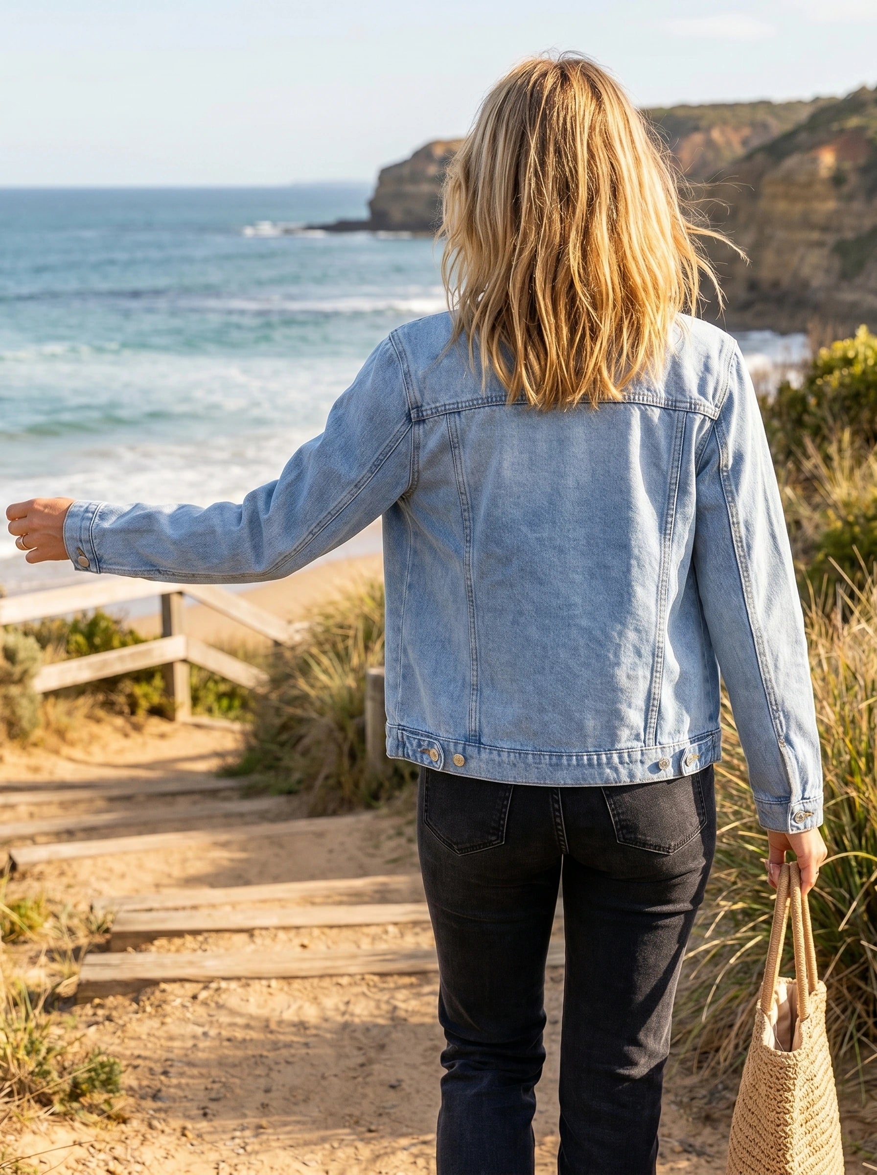 A model showcases the Womens Effortless Relaxed Denim Jacket in light blue, styled with high waisted trousers against a neutral backdrop, embodying casual elegance.