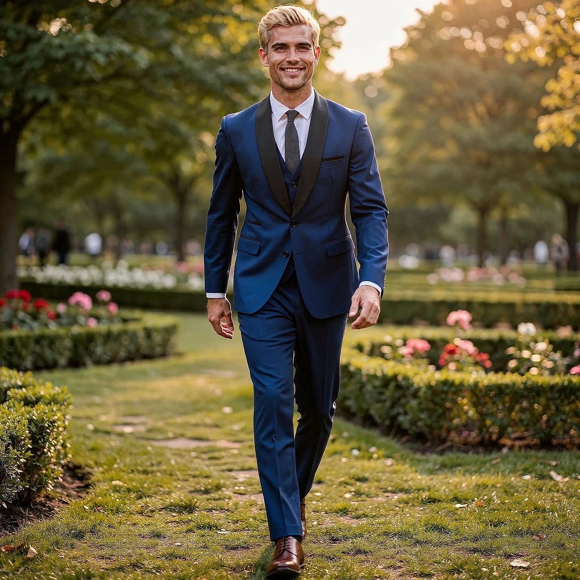 Tailored three piece suit set in charcoal gray, featuring a fitted jacket, vest, and trousers, view showcasing sleek lines