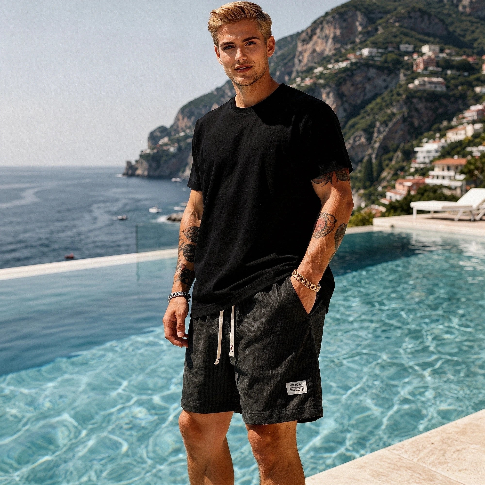 View of relaxed stretchy summer shorts in light gray, featuring an elastic waistband and pockets