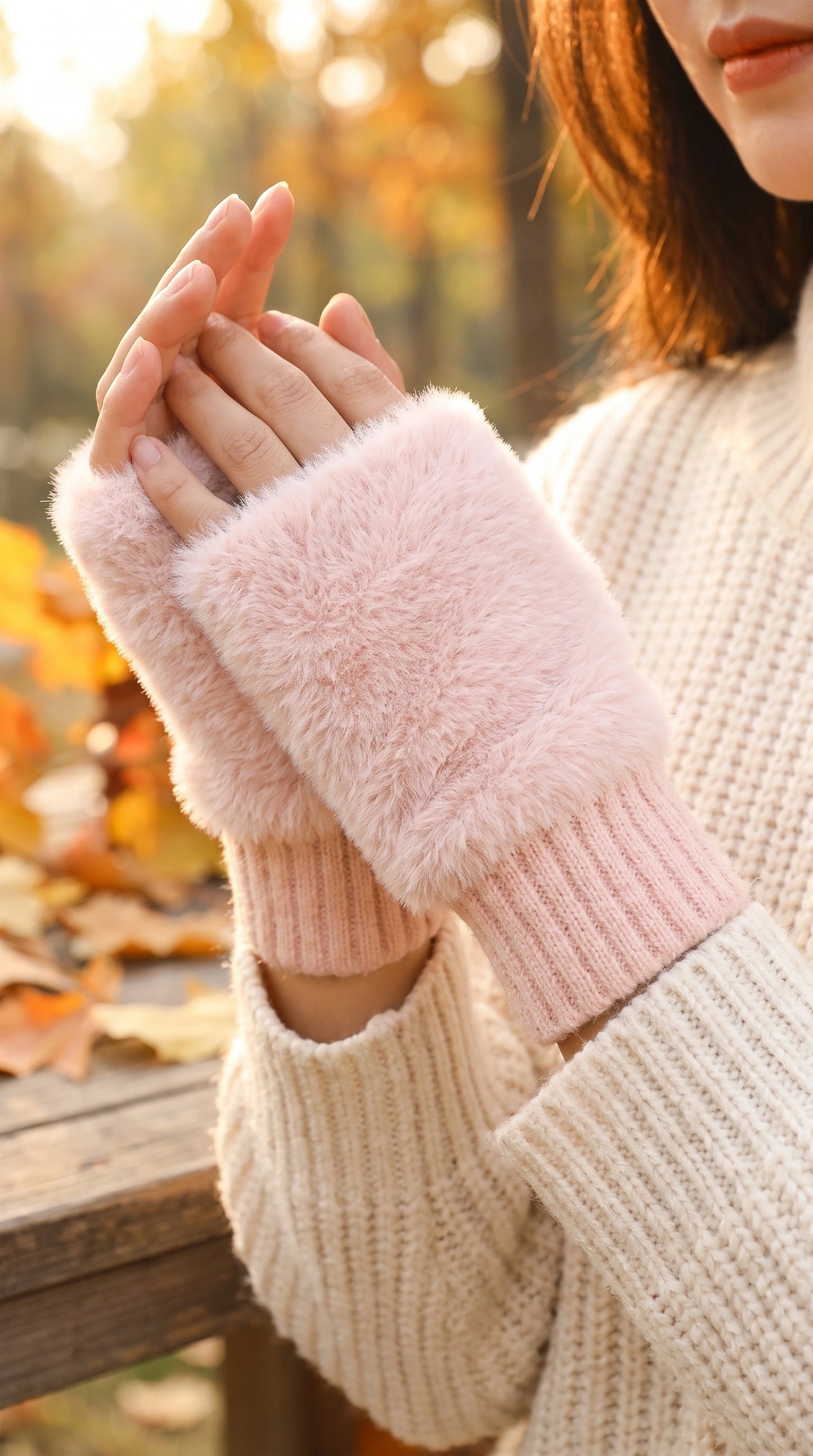 Close up view of the soft fabric and intricate stitching of women's cozy protective autumn gloves, showing their design and quality craftsmanship.