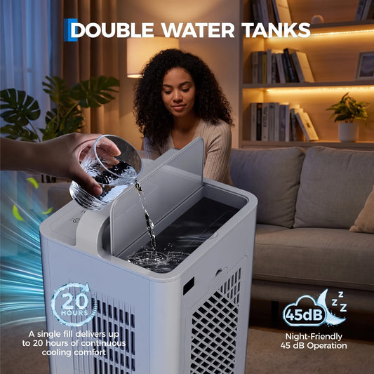Front view of a sleek portable evaporative air cooler in a modern living space, showing its compact design and remote control feature.